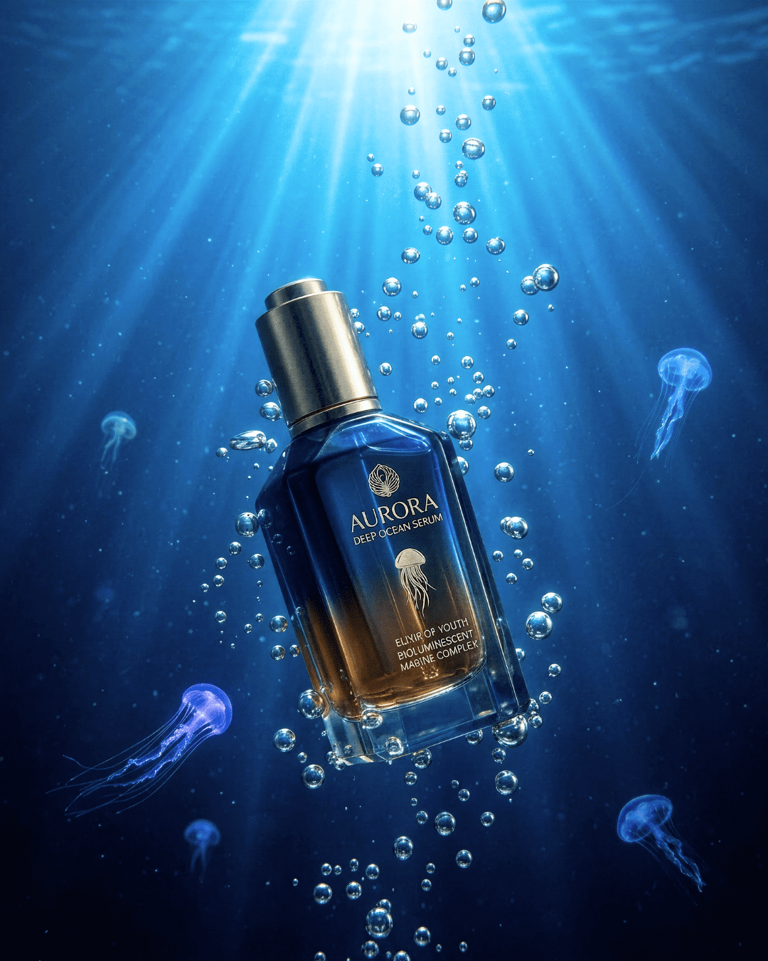 Surreales KI-Produktbild – Serum unter Wasser mit Quallen