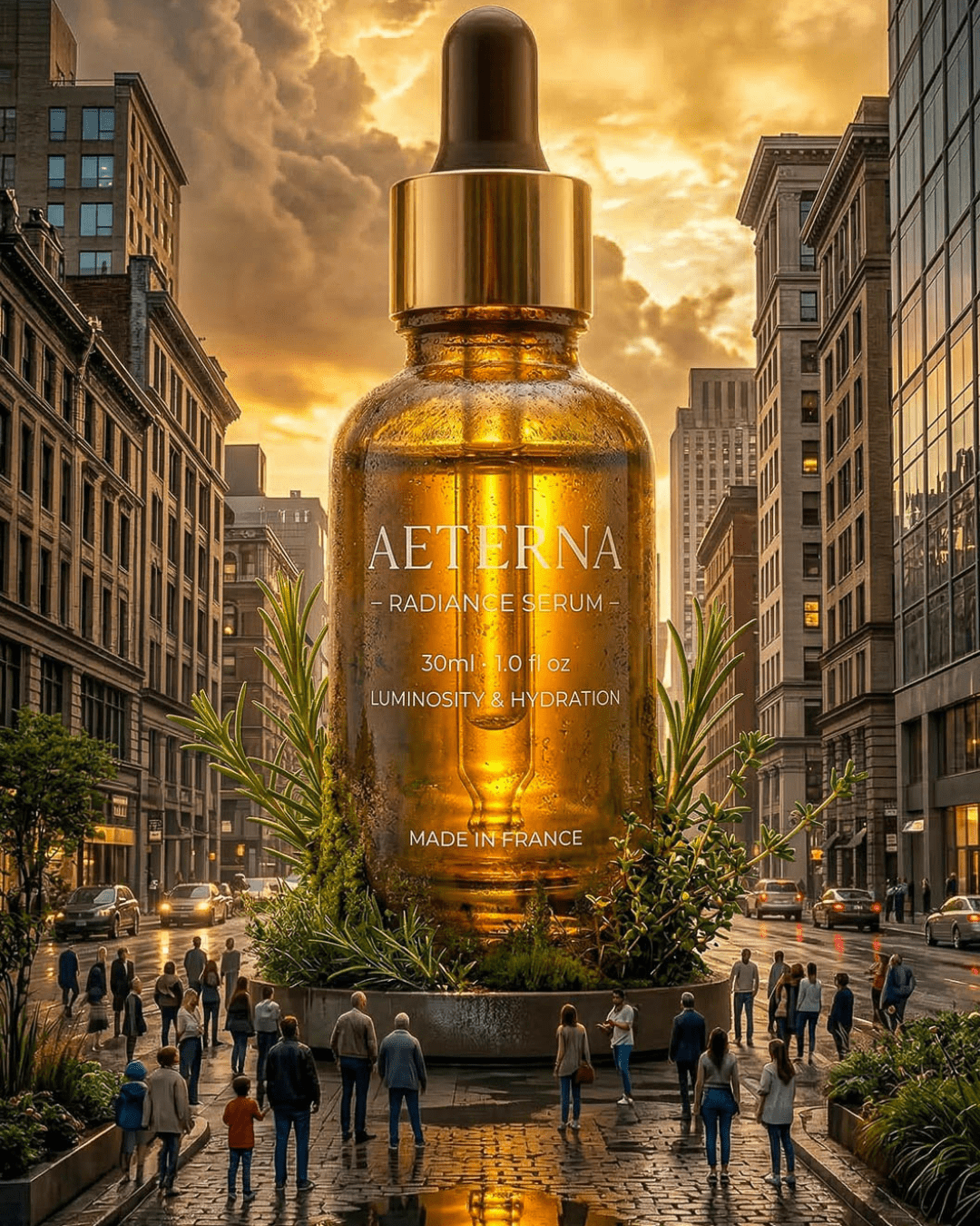 Surreales KI-Produktbild – riesiges Serum in der Großstadt