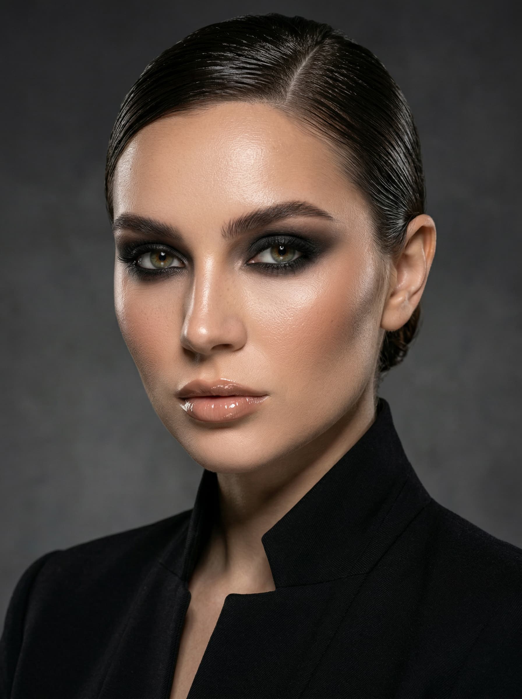 High Fashion Beauty – Sleek Haar, Smoky Eye, schwarzer Kragen