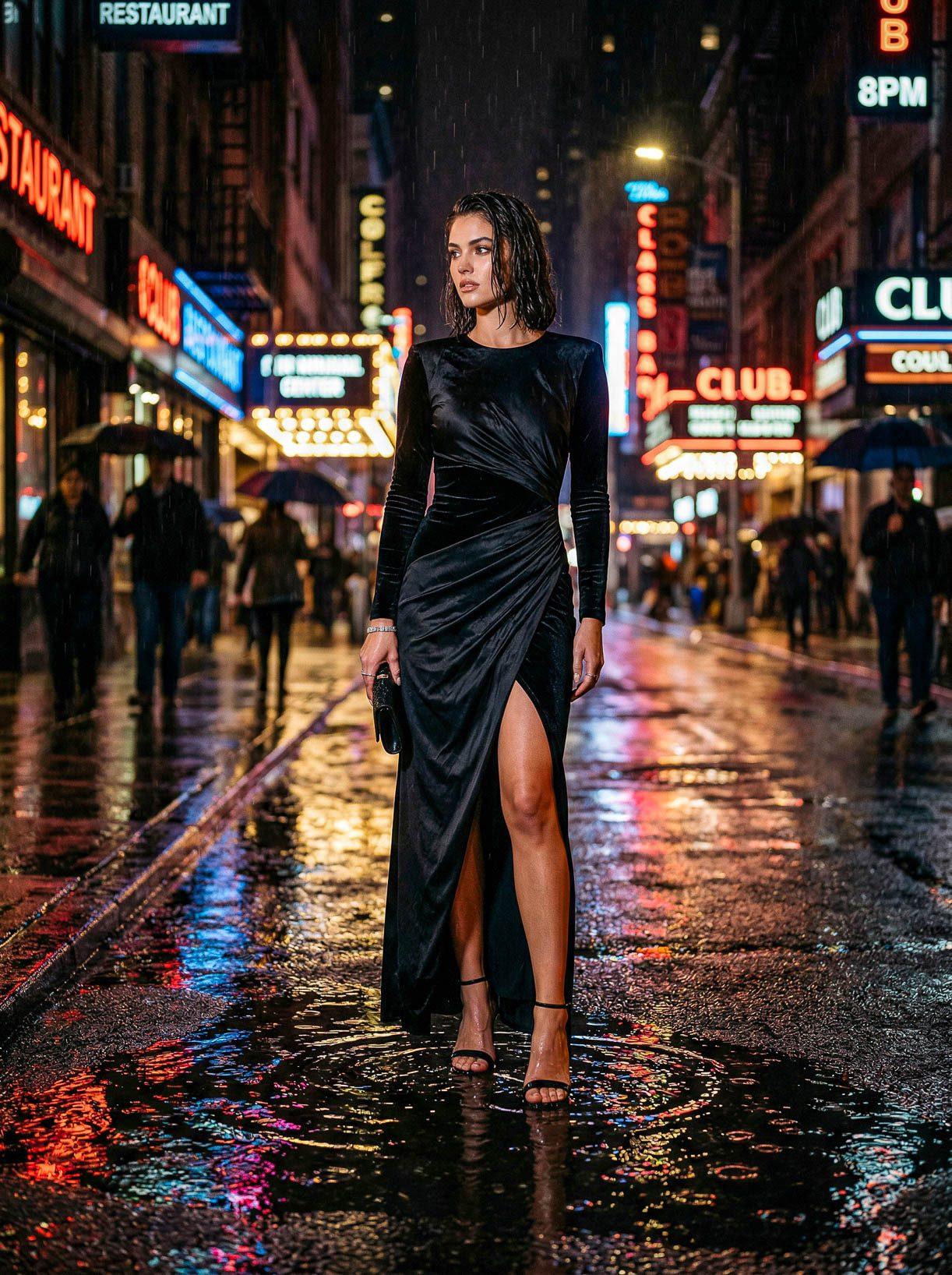 KI-generiertes Fashion Editorial – Frau im eleganten schwarzen Kleid bei Nacht im Regen