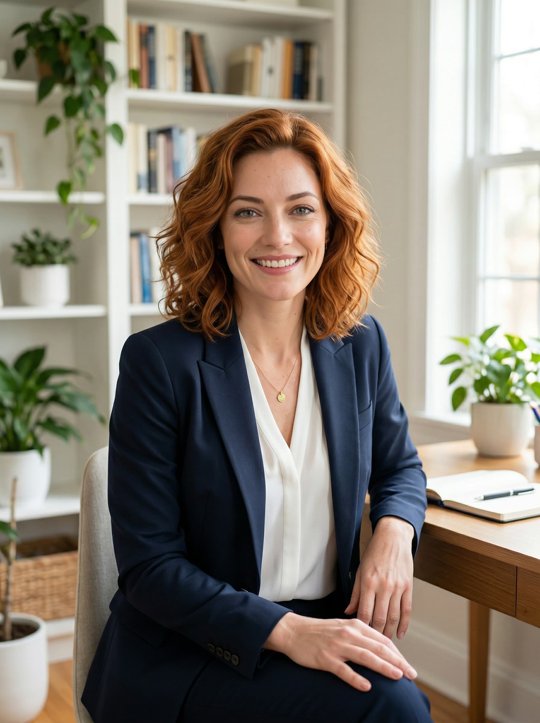 Brand Content – Frau im navy Blazer, Business Portrait, Home Office