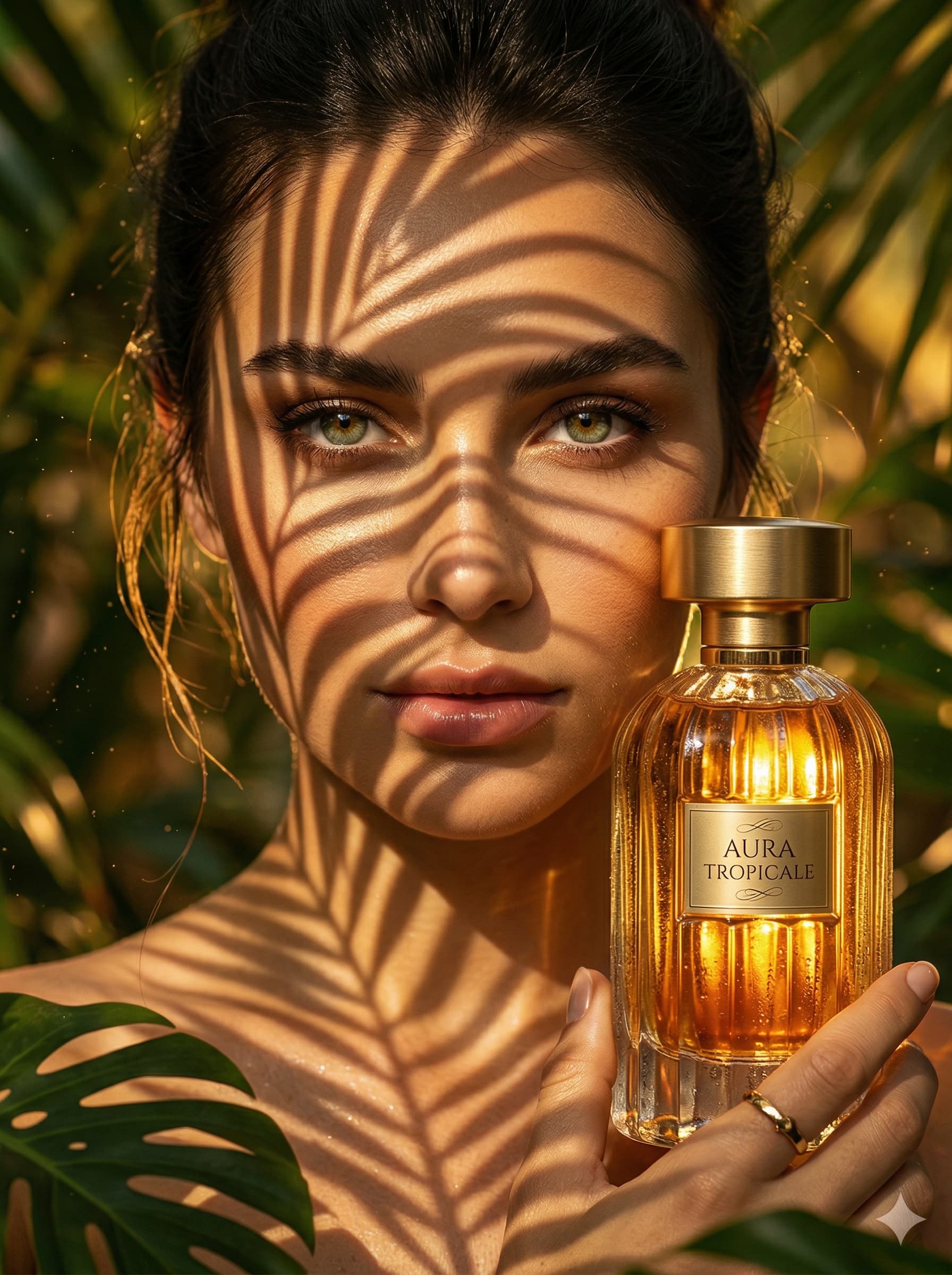 Brand Content – Parfum Campaign, goldene Flakon, Palmenschatten