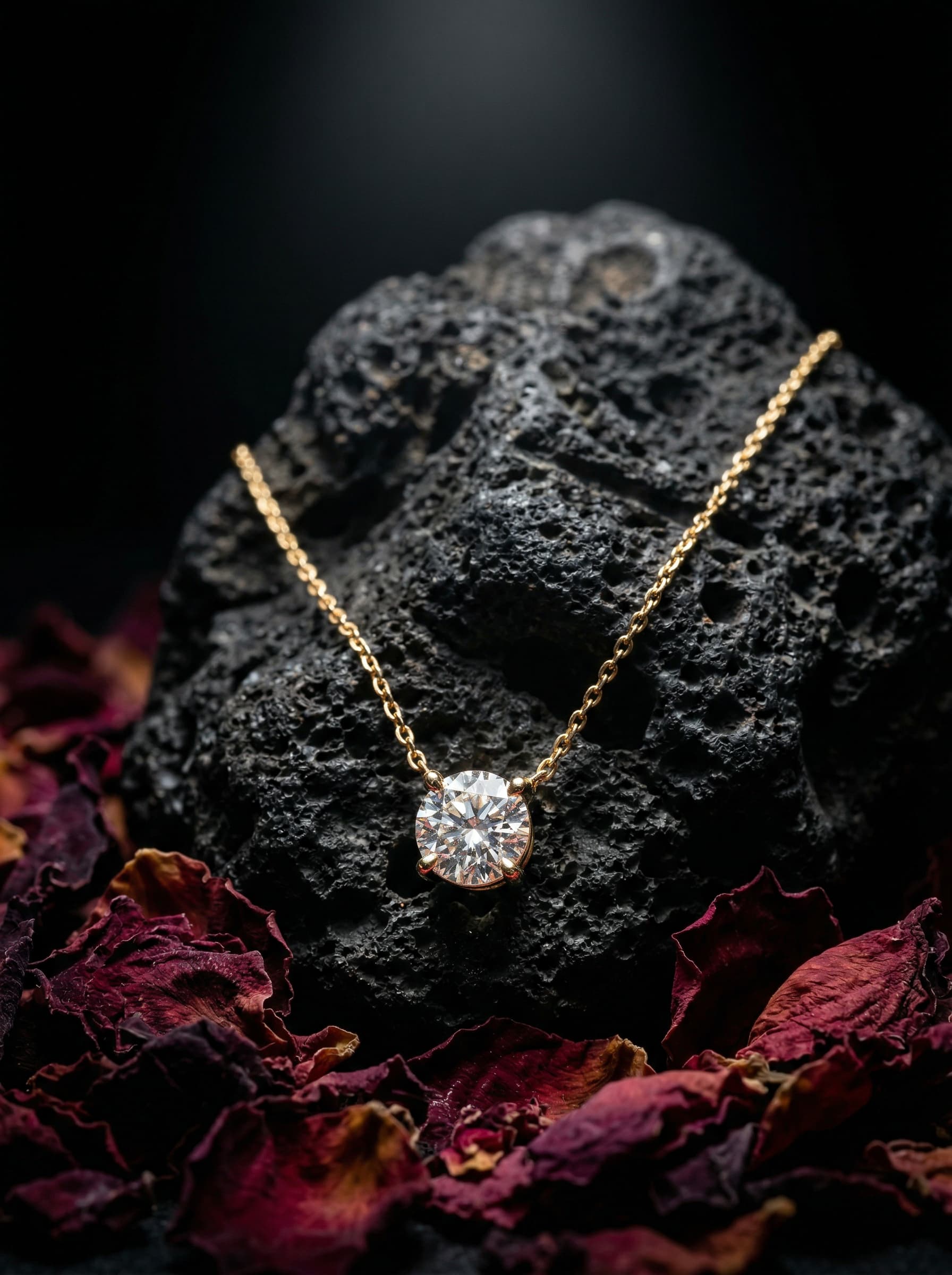 Brand Content – Goldkette auf schwarzem Vulkangestein, Rosenblätter