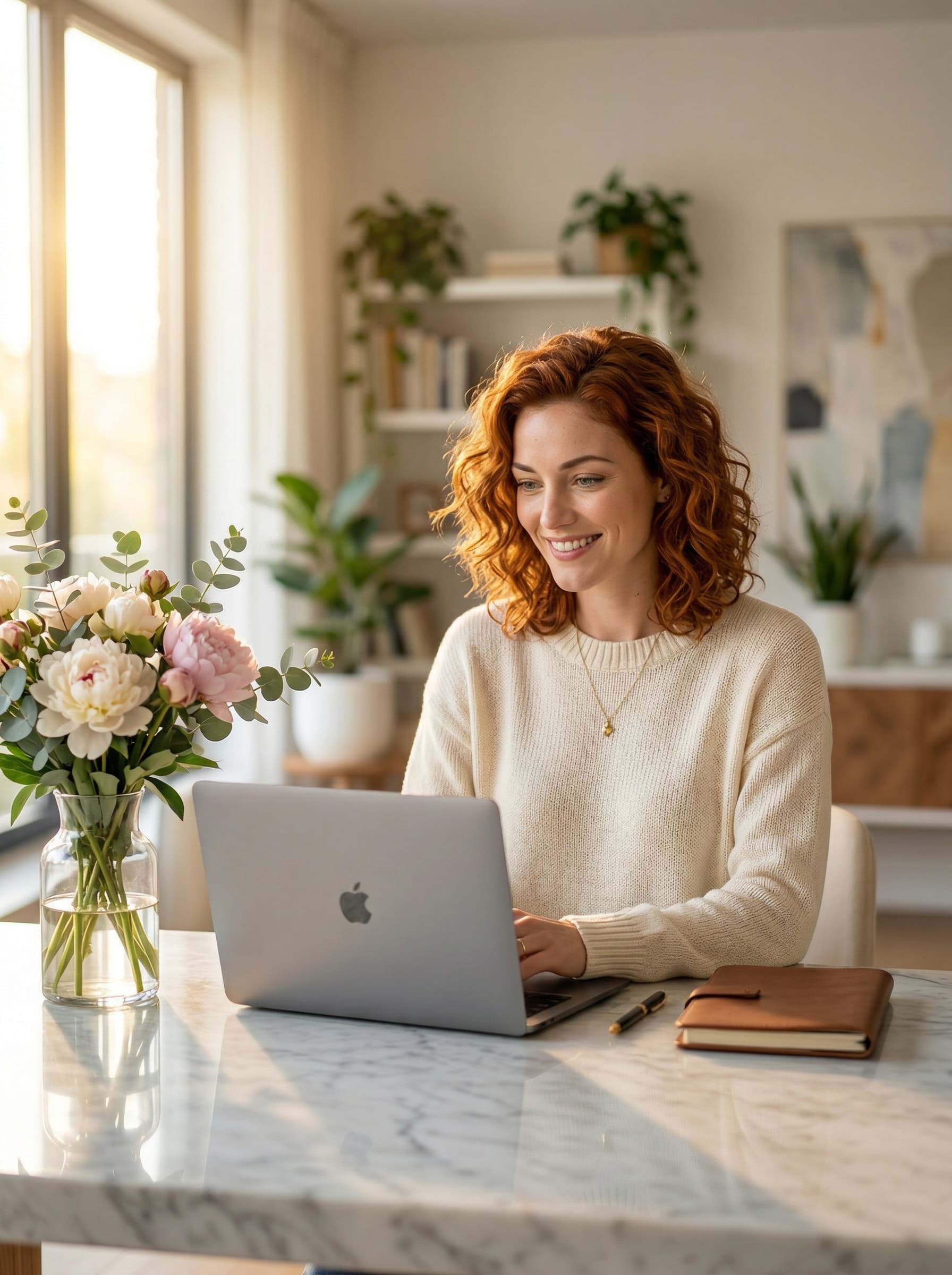 Brand Content – Frau mit roten Locken am Laptop, Pfingstrosen