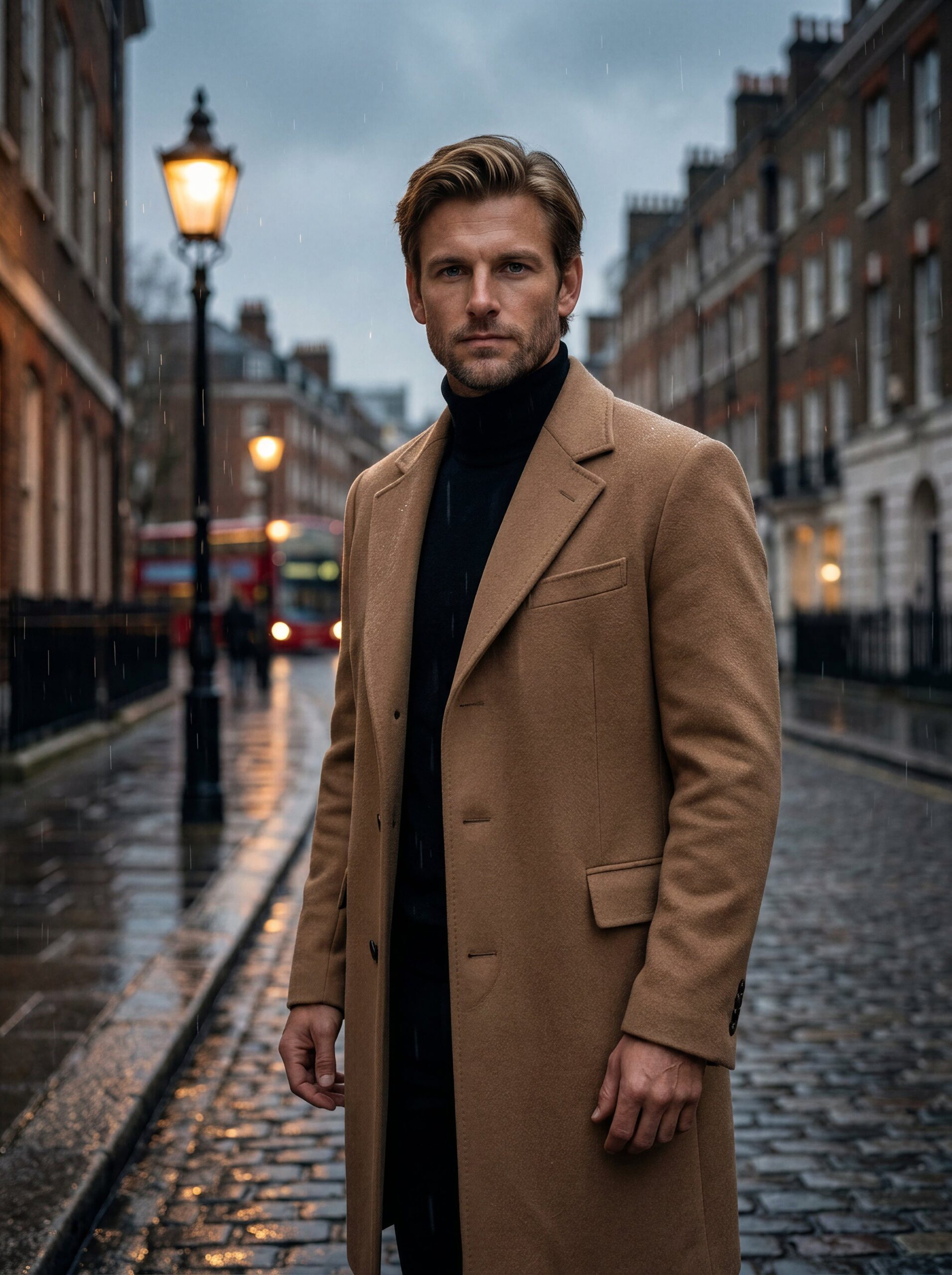 Menswear Editorial – Mann im Camel Trenchcoat auf regennasser Londoner Straße