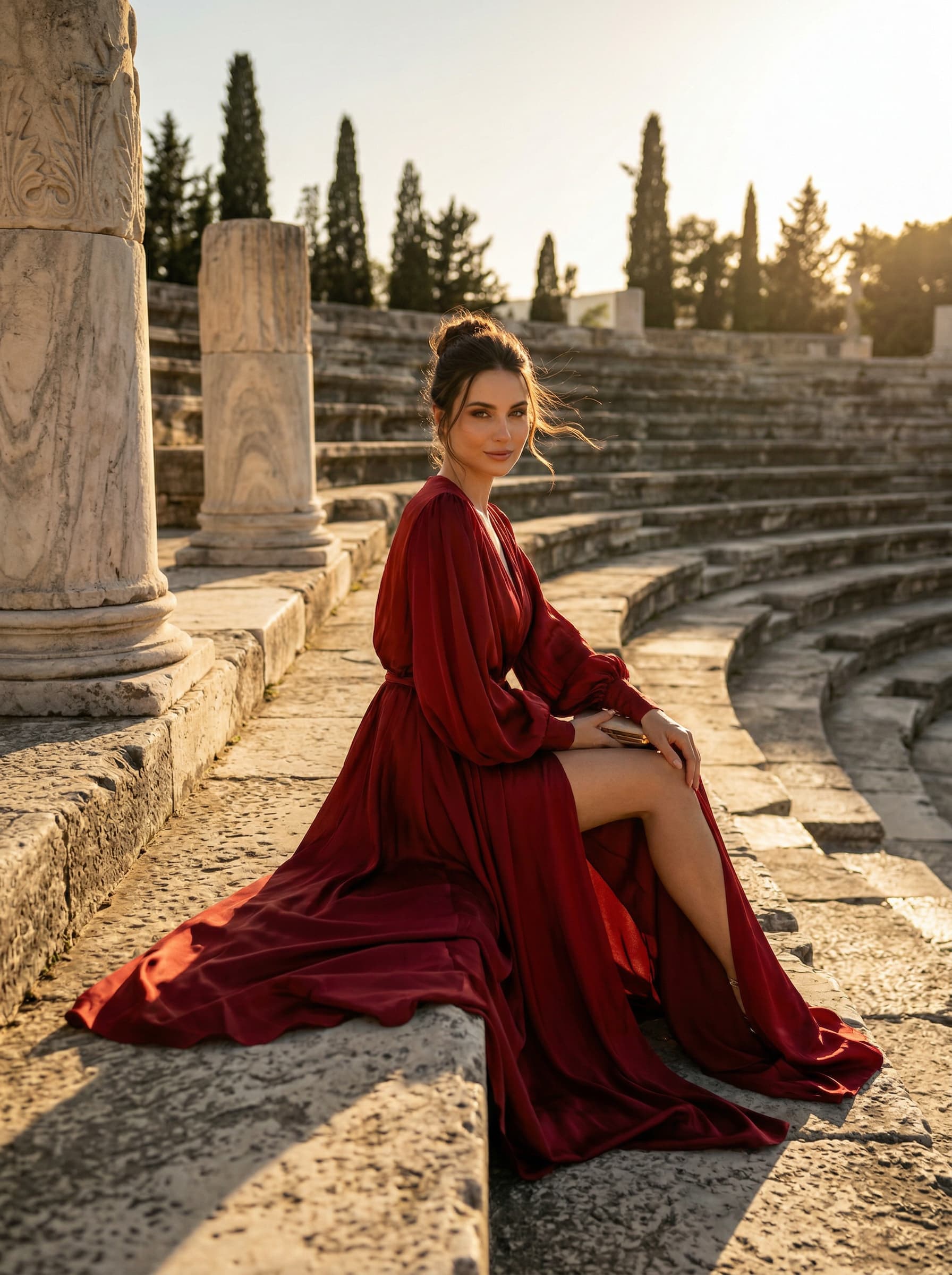 Fashion Editorial – Frau in burgundfarbenem Seidenkleid auf antiken Ruinenstufen