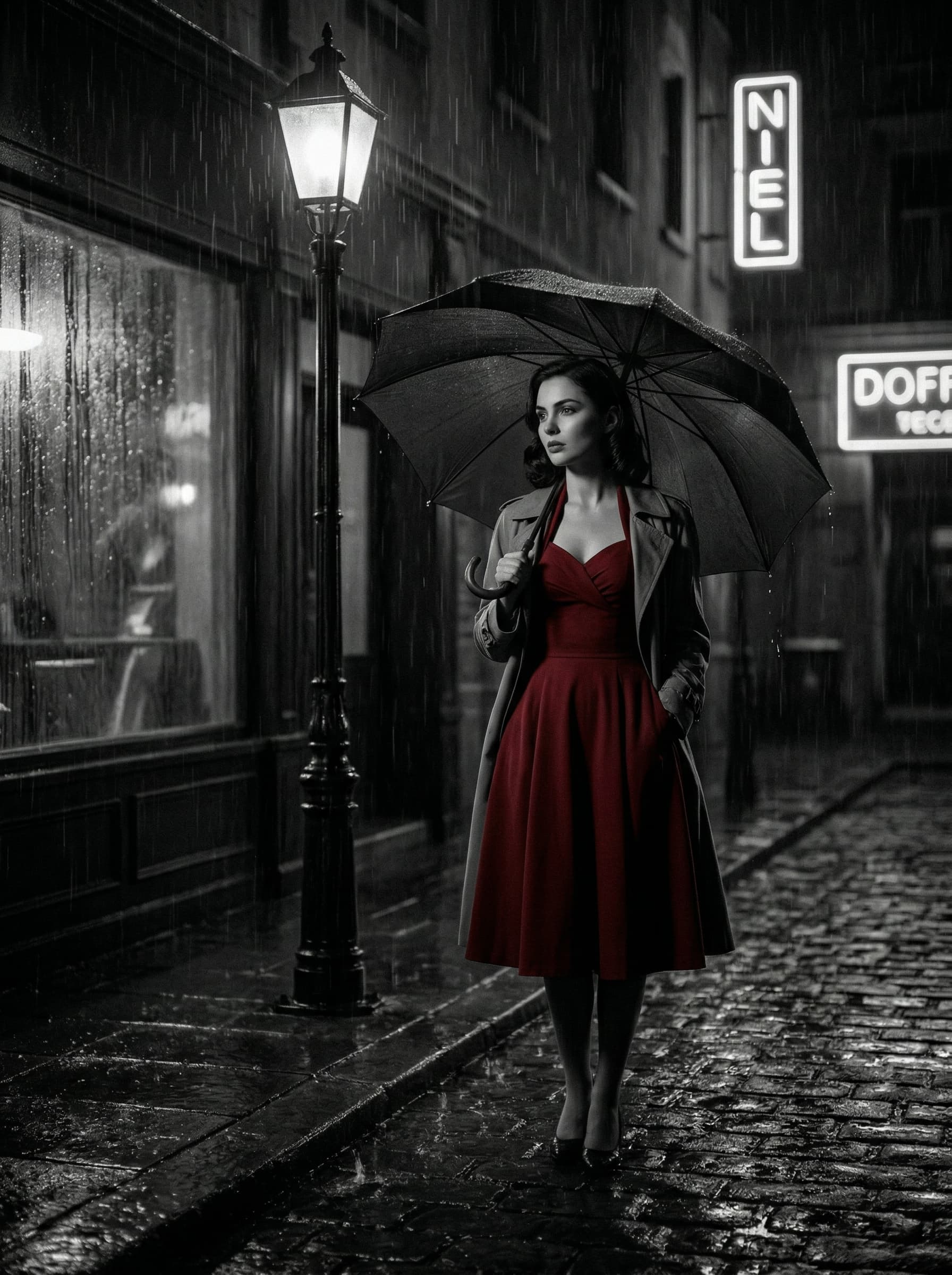 Film & Trends – Film Noir, Frau in rotem Kleid unter Laterne