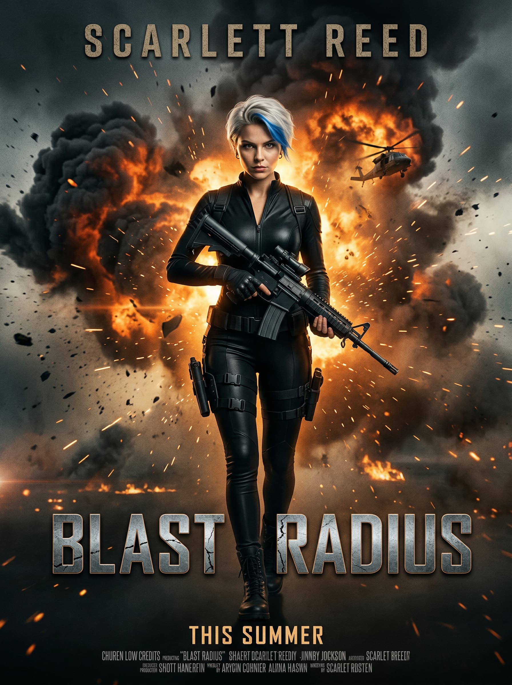 Film & Trends – Action Movie Poster, Explosion und Helikopter