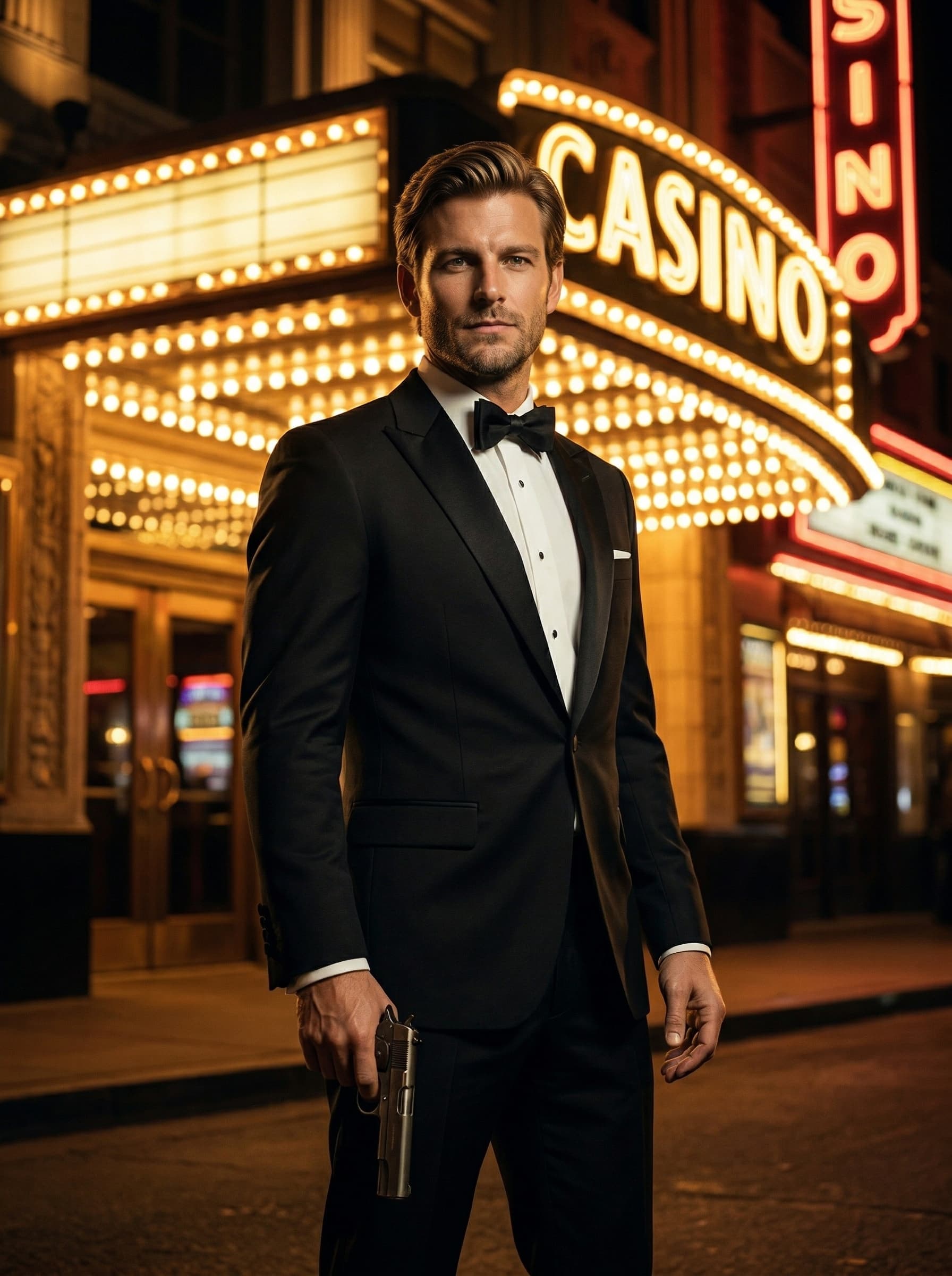 Film & Trends – Spy Thriller, Mann im Smoking vor Casino