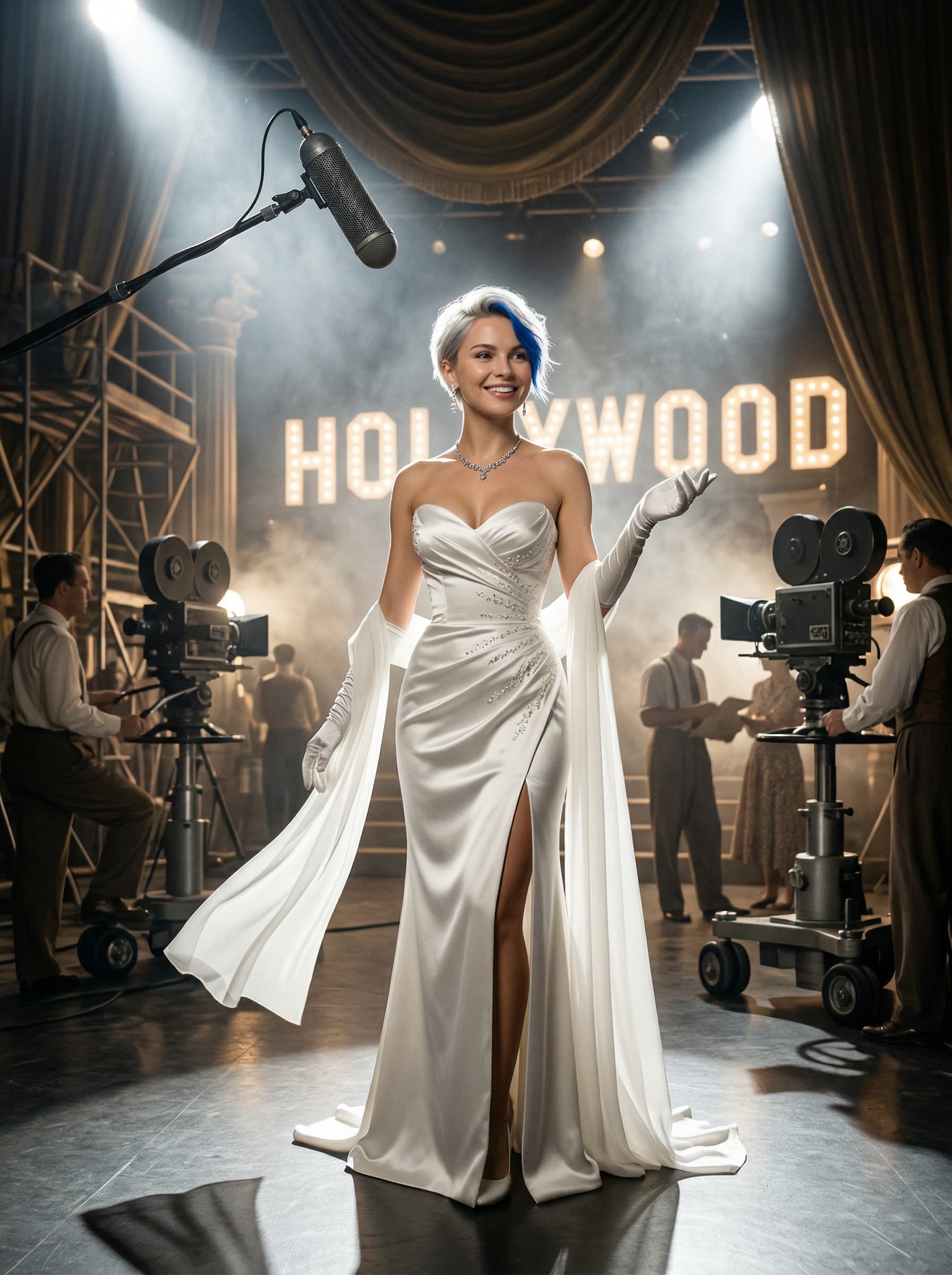 Film & Trends – Frau in weißem Glamour-Kleid auf Hollywood Filmset