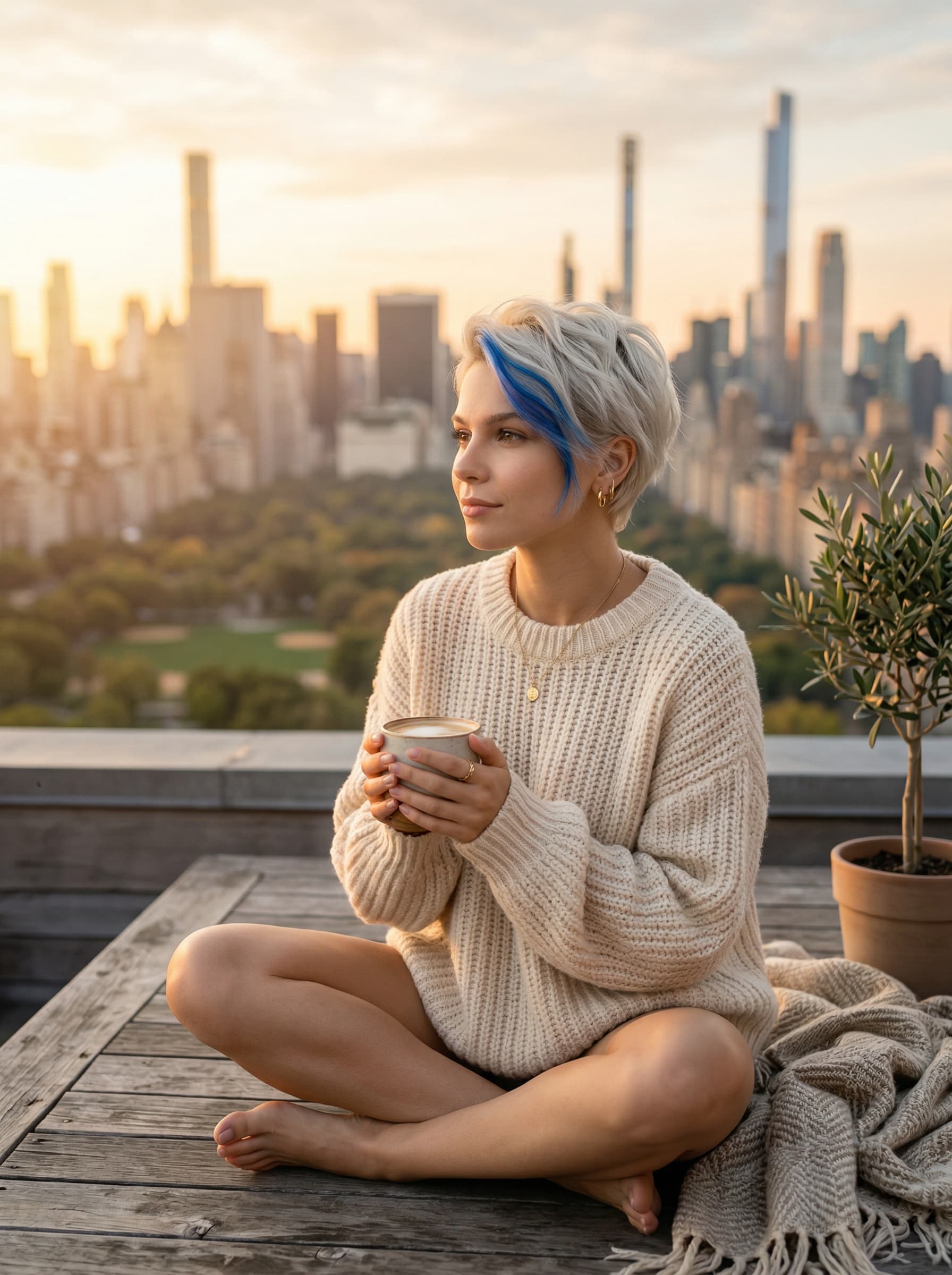 Lifestyle – Frau auf NYC Rooftop bei Sonnenuntergang