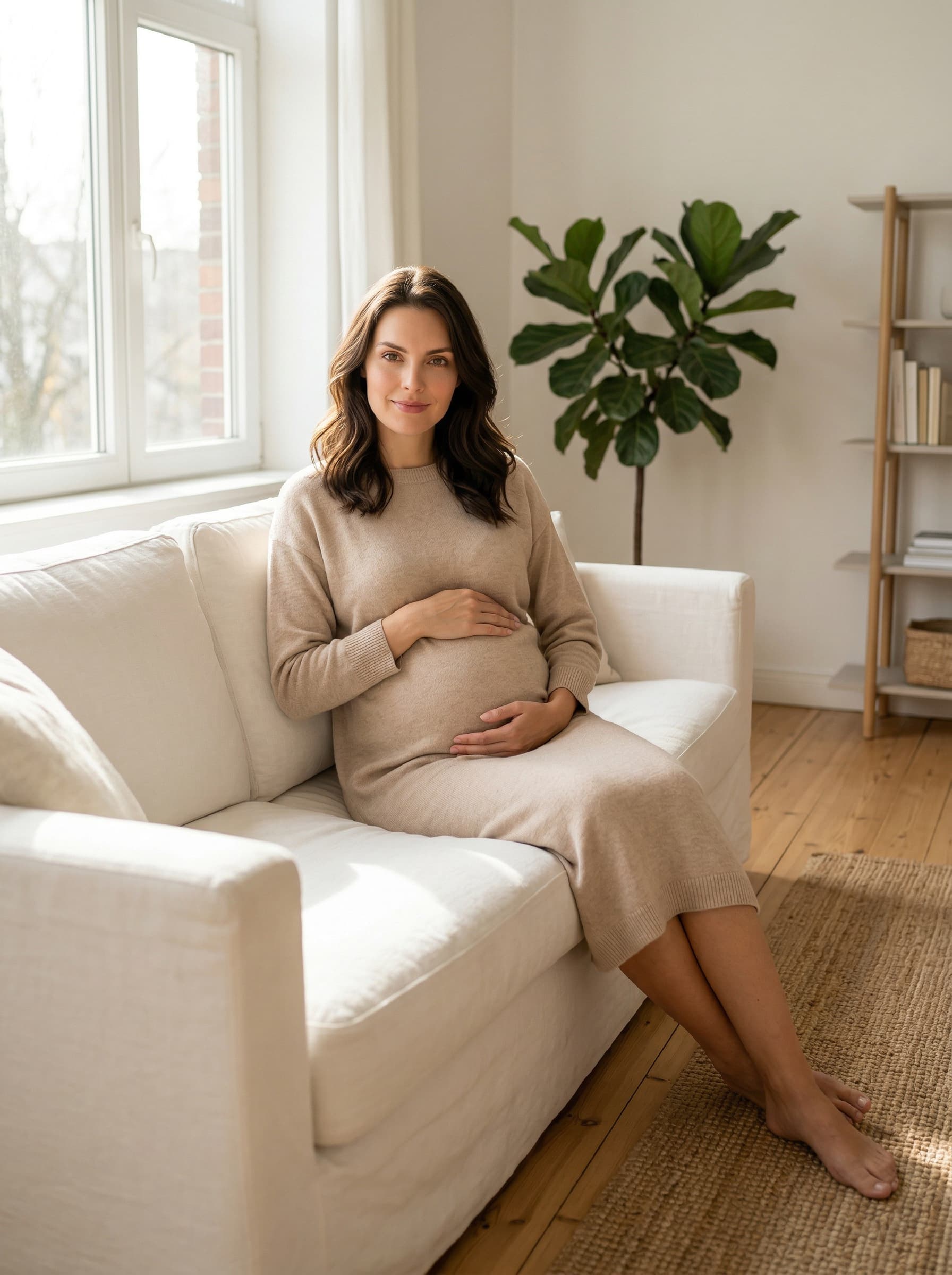 Maternity Lifestyle – Schwangere Frau auf weißem Sofa, helles Wohnzimmer