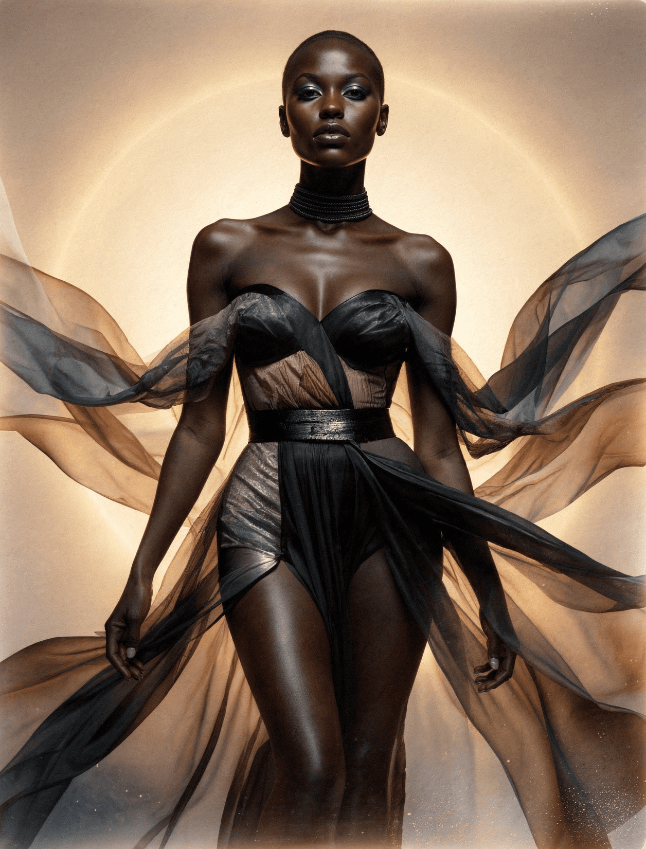 KI-generiertes Fashion Editorial Portrait – elegante Frau im schwarzen Avantgarde-Kleid mit goldenen schwebenden Stoffbahnen