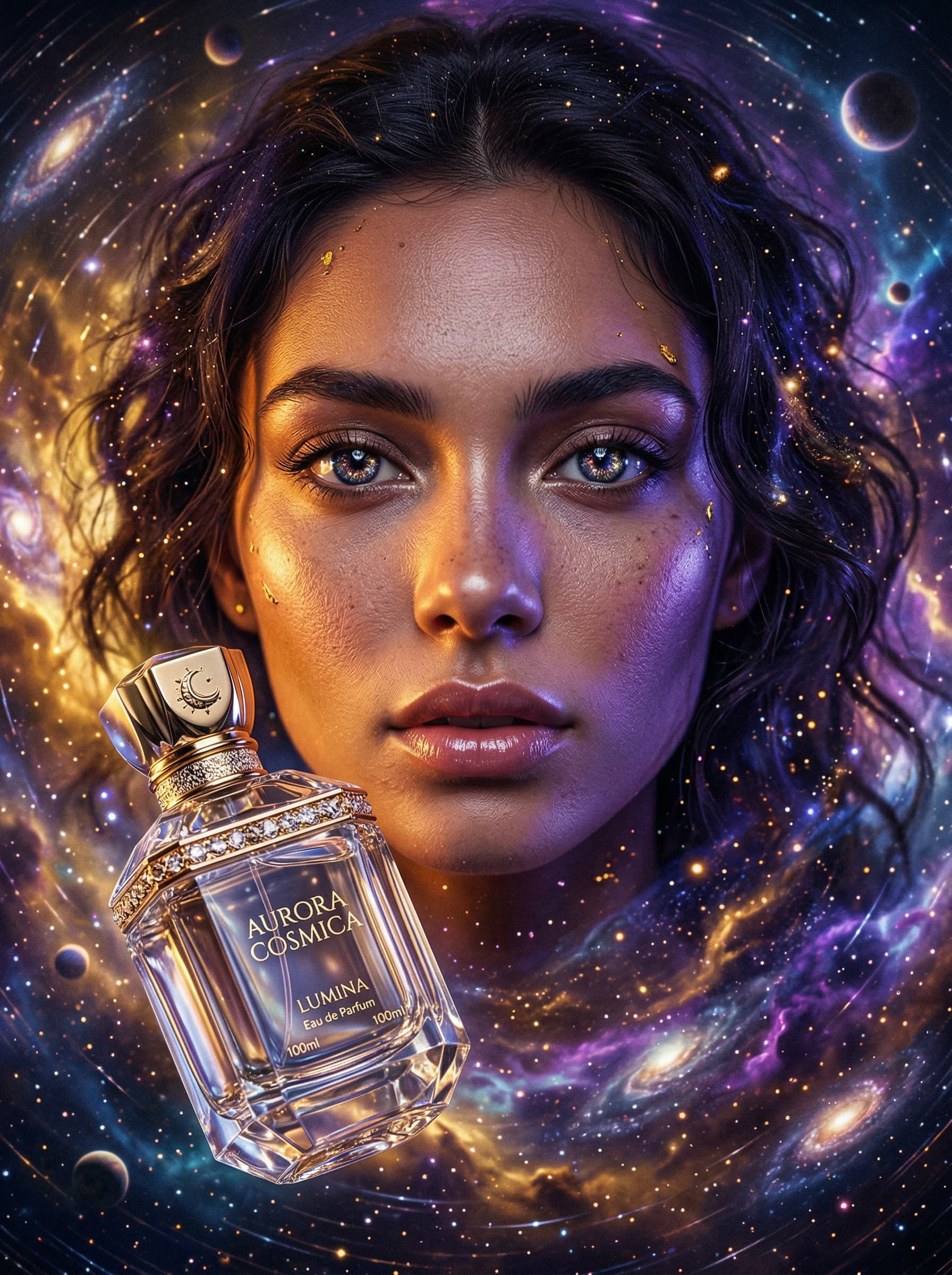 Surreal – Parfum Flakon mit kosmischem Portrait, Galaxie