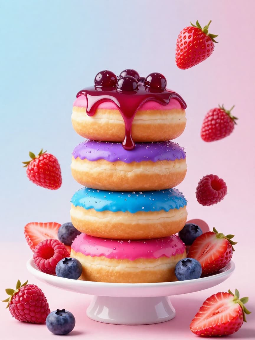 Surreal – bunte Donuts, schwebende Früchte