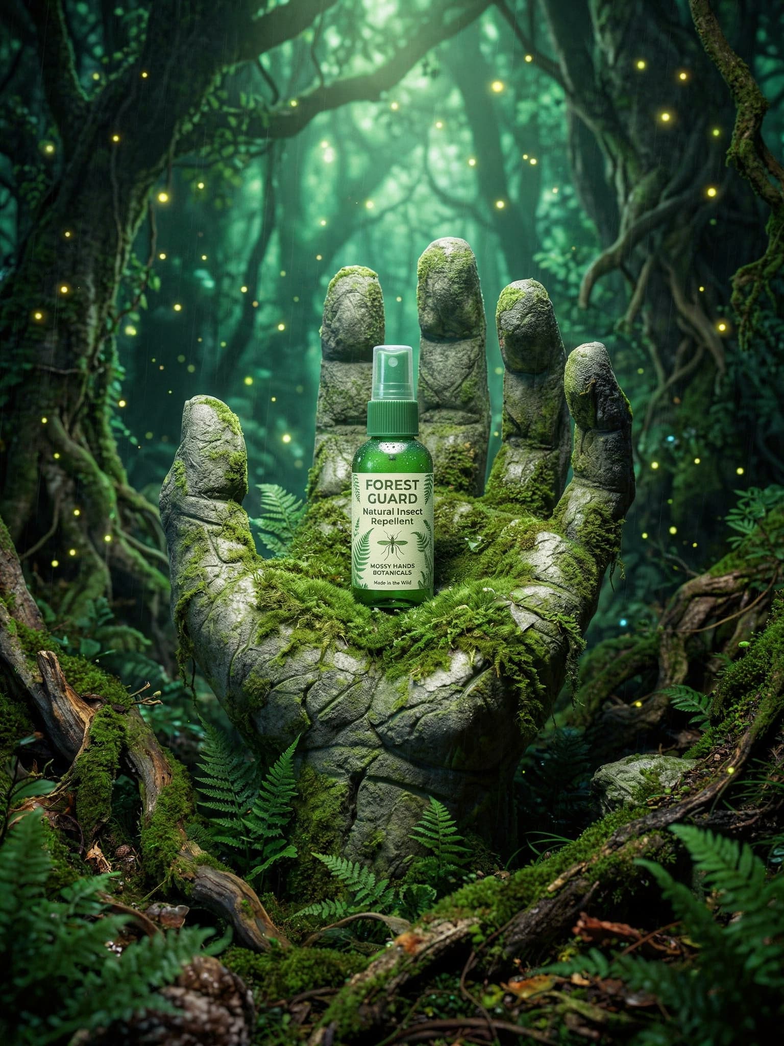 Surreal – Insektenschutz in moosiger Riesenhand, Zauberwald