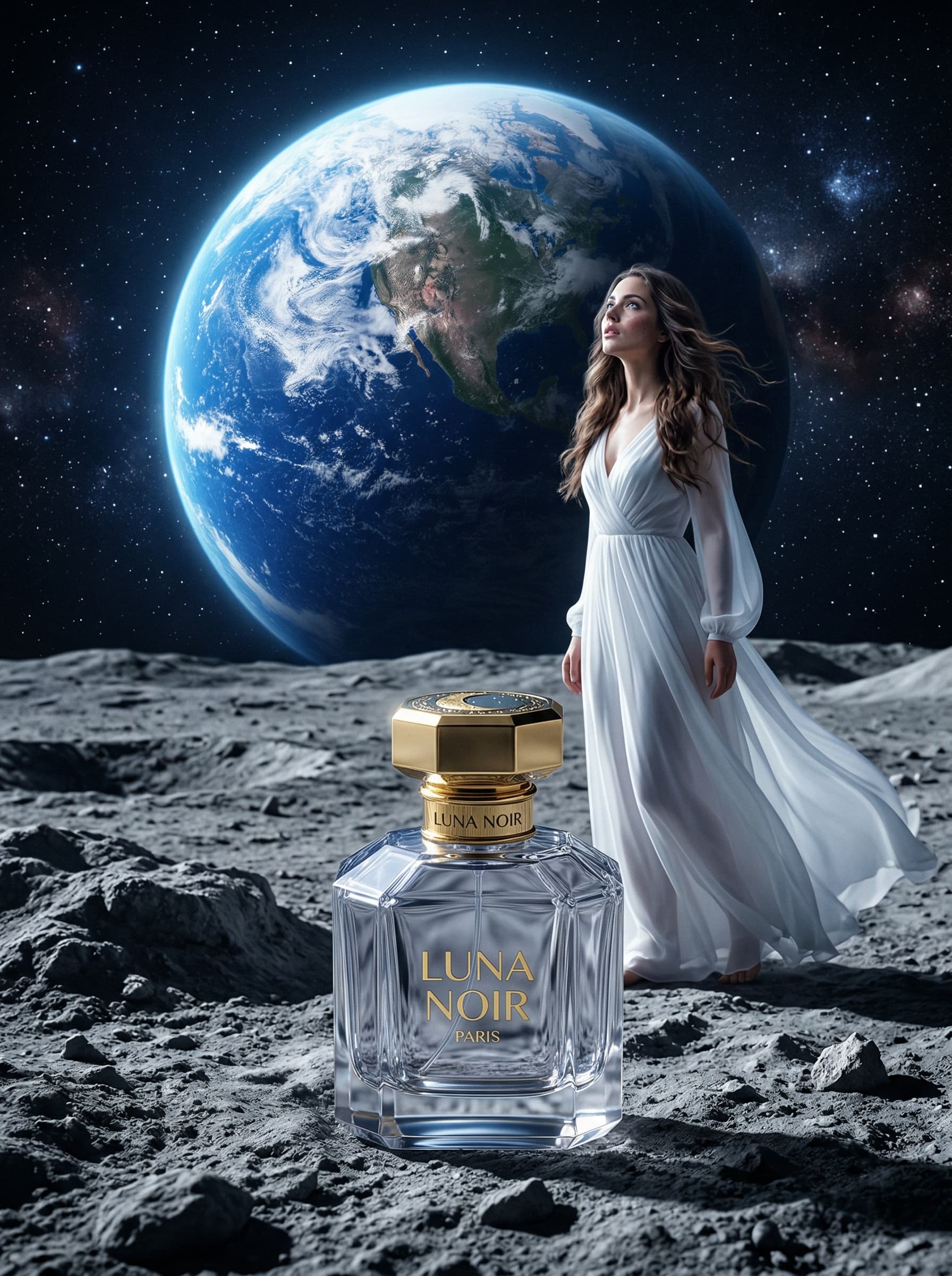 Surreal – Parfum Flakon auf Mondlandschaft, Erde im Hintergrund