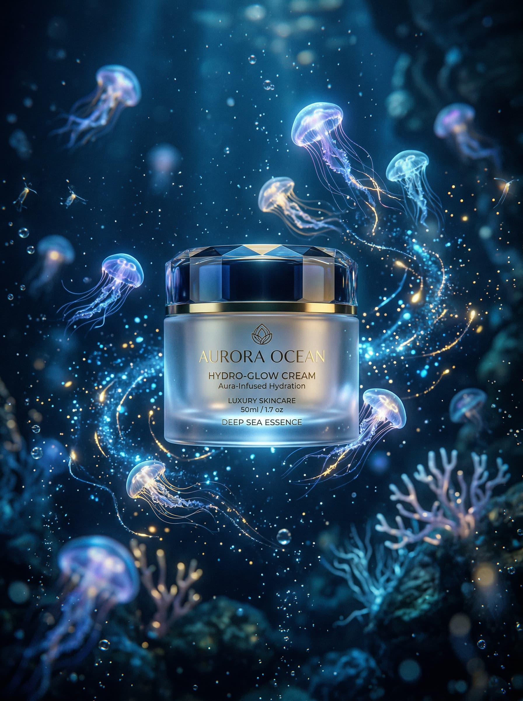 Surreal – Luxus Creme umgeben von leuchtenden Quallen