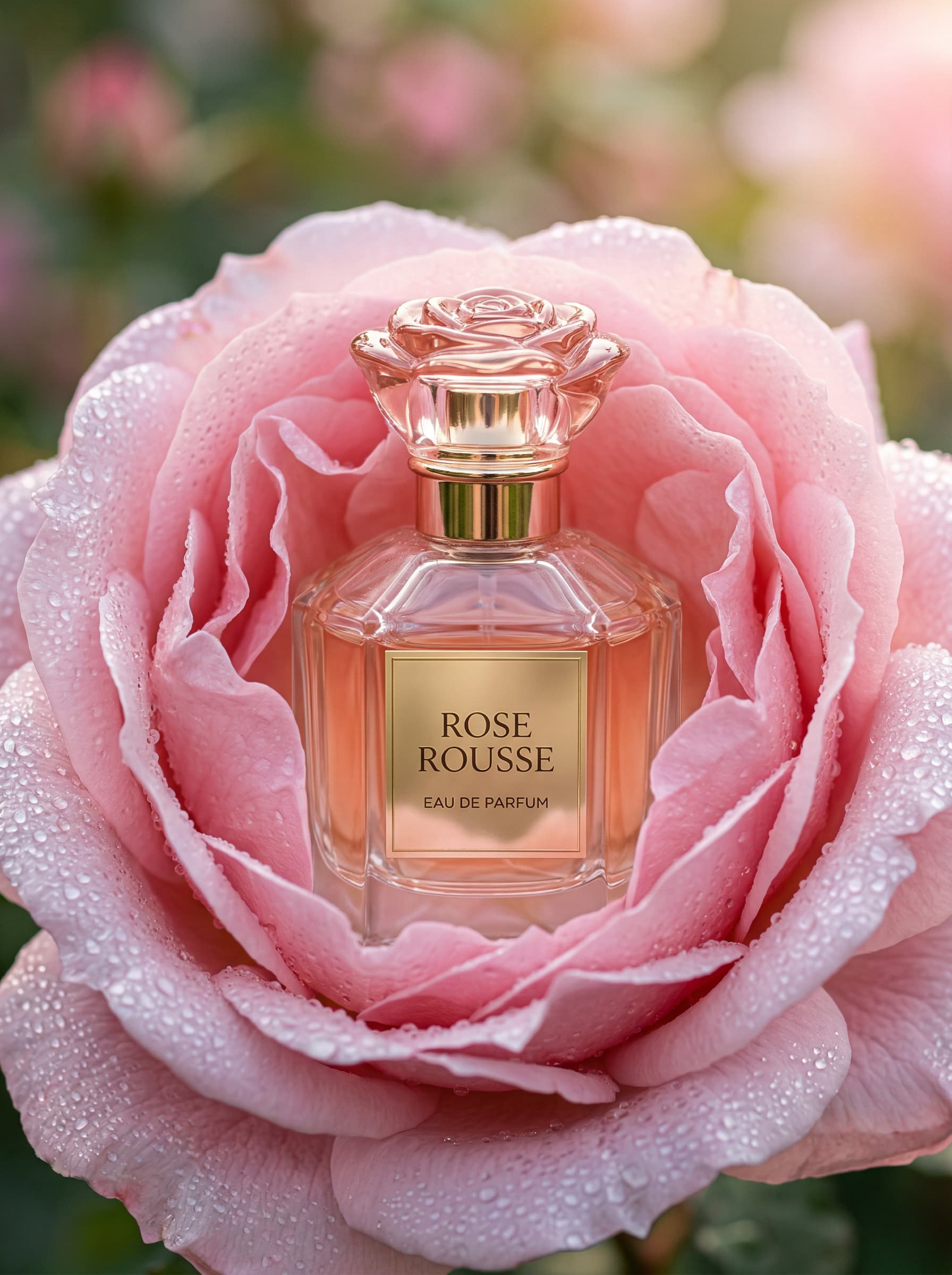 Surreal – Parfum Flakon in rosafarbener Rose mit Wassertropfen