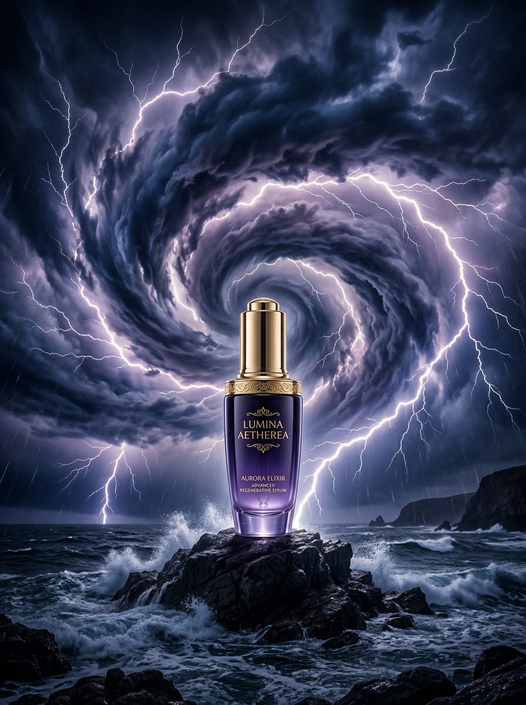 Surreal – goldenes Serum Flakon, dramatischer Wolkenstrudel