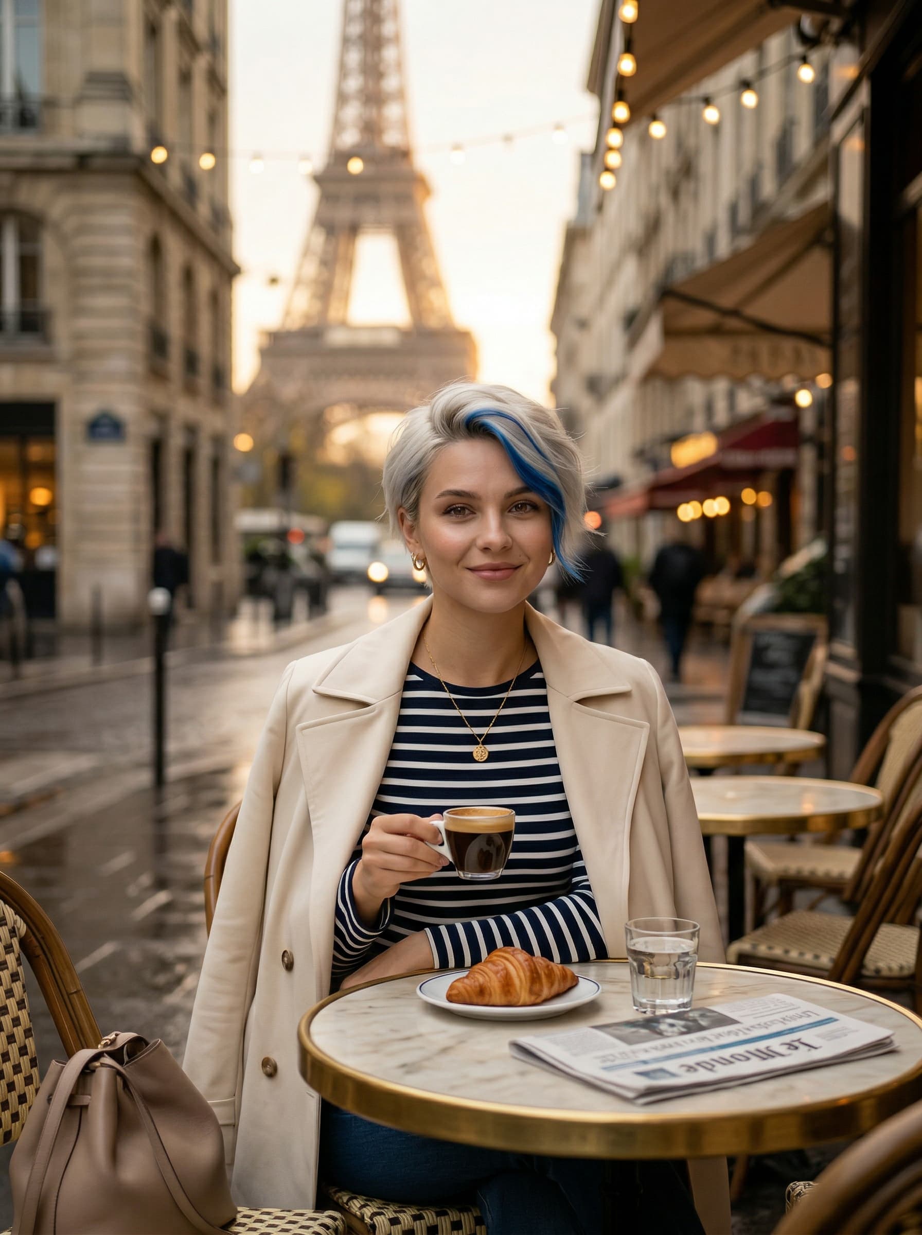 Travel – Frau beim Pariser Straßencafé, Eiffelturm im Hintergrund