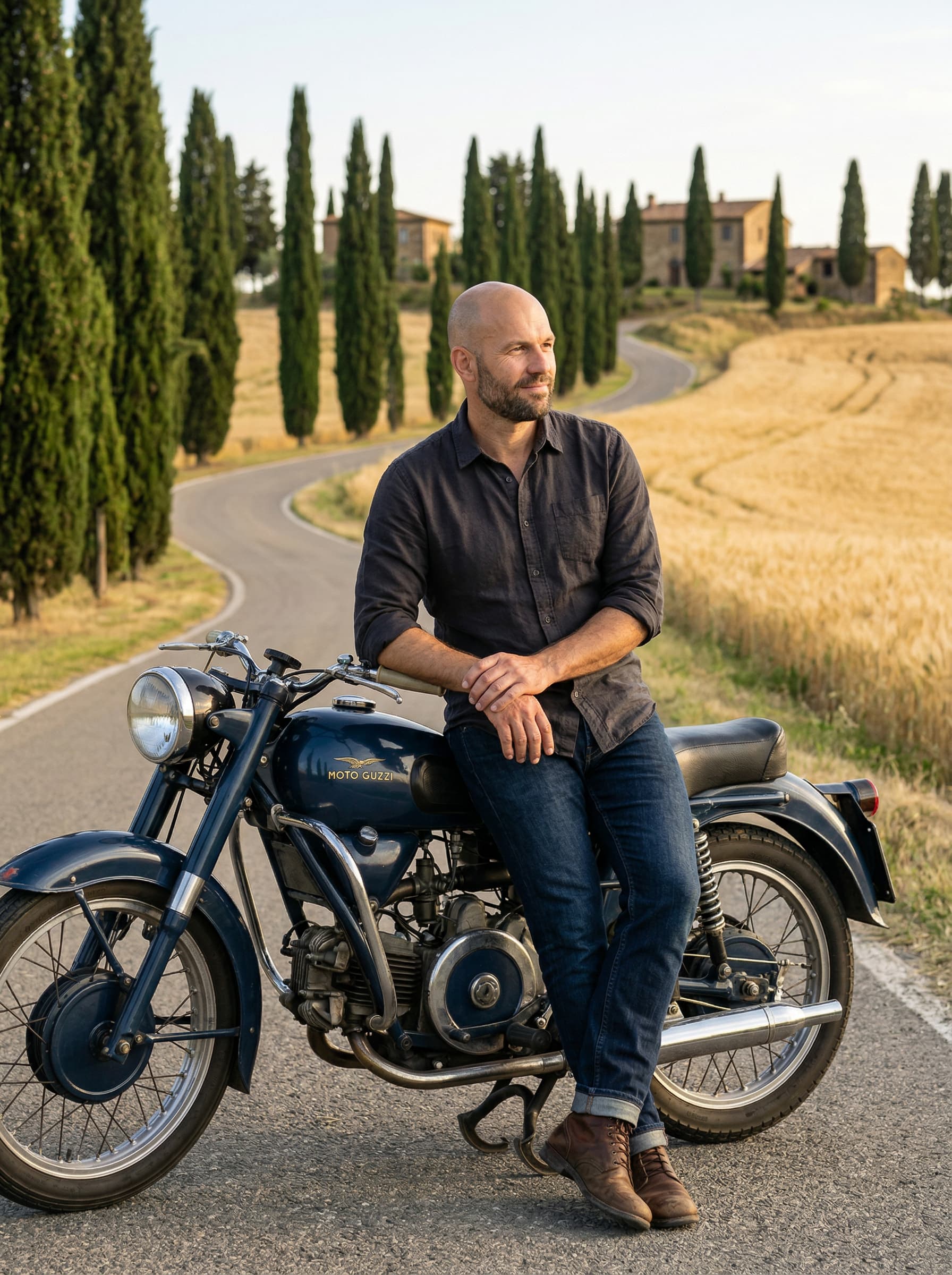Travel – Mann lehnt an Vintage Moto Guzzi in der Toskana