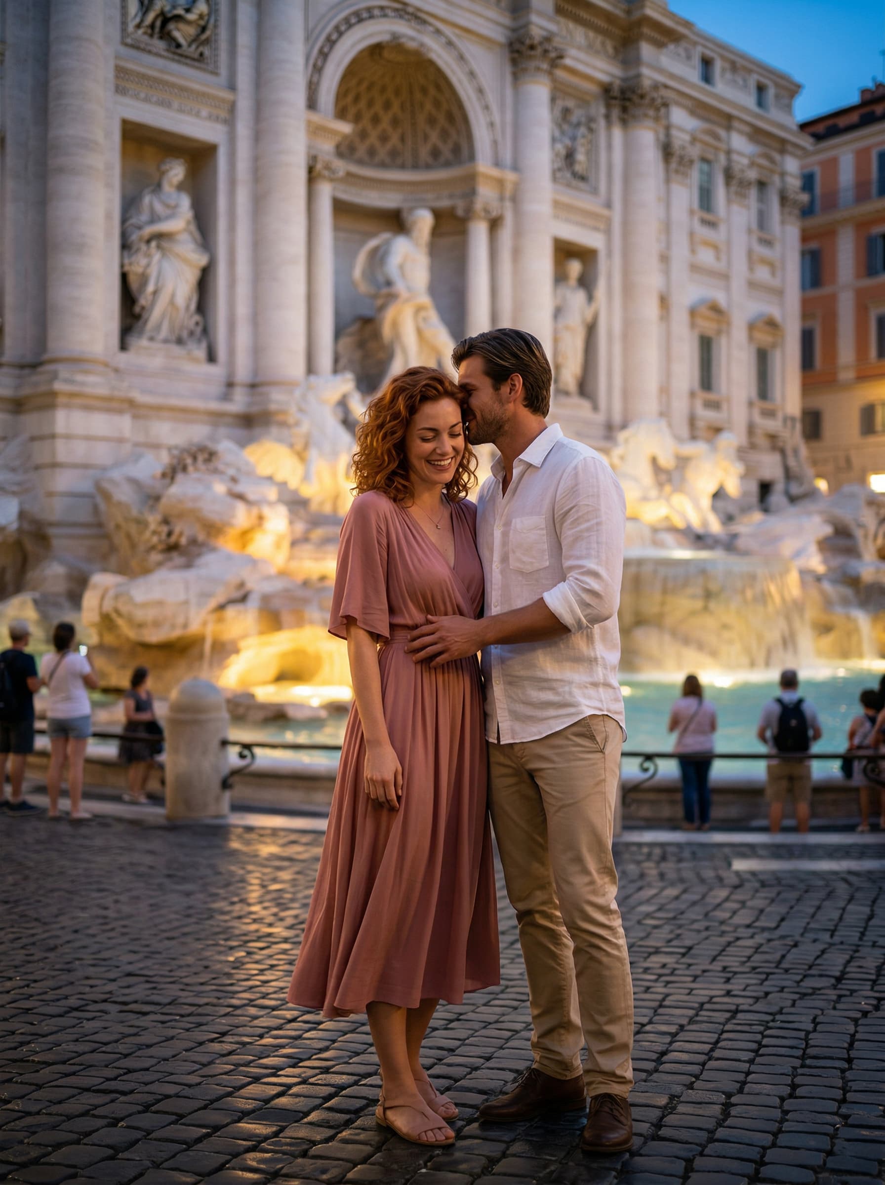 Travel – Paar am Trevi Brunnen in Rom bei blauer Stunde