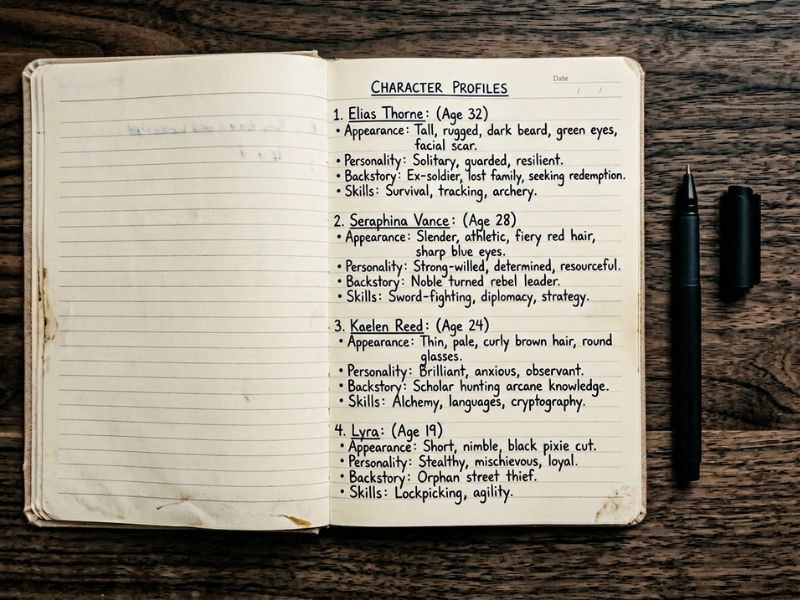 Aufgeschlagenes Notizbuch mit handgeschriebener Charakterbeschreibung und Stift auf dunklem Schreibtisch, warmes Licht