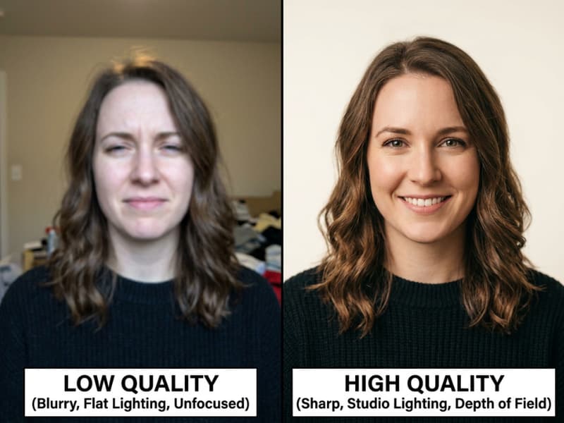 Vergleich zweier KI-generierter Portraits: links unscharf und flach beleuchtet, rechts scharf und professionell mit weichem Studiolicht