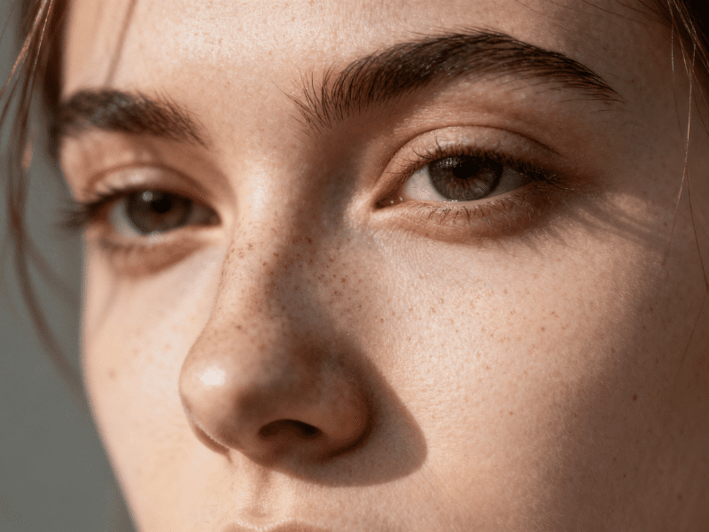 Extreme Nahaufnahme von realistischer Hauttextur mit sichtbaren Poren, feinen Haaren und natürlichem Licht