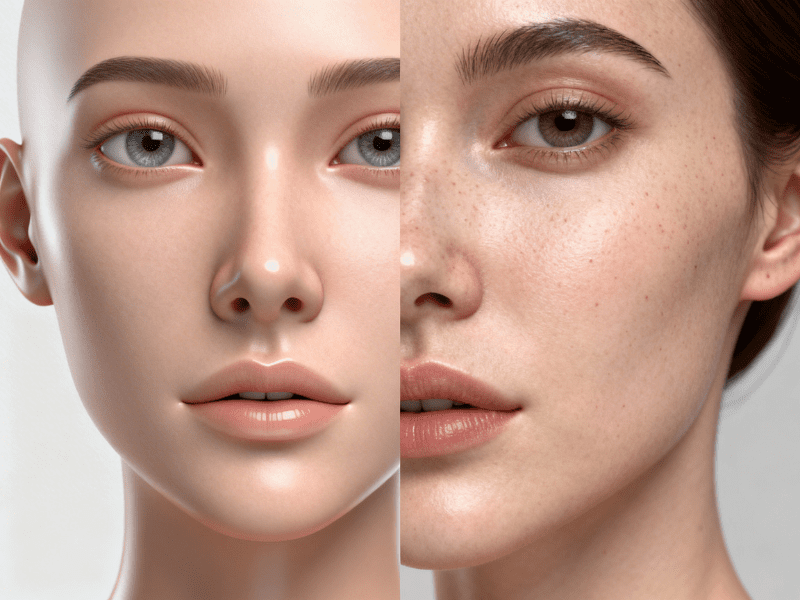 Vergleich zwischen einem typisch KI-wirkenden Bild mit Plastik-Haut und einem ultra-realistischen Portrait mit natürlicher Hauttextur