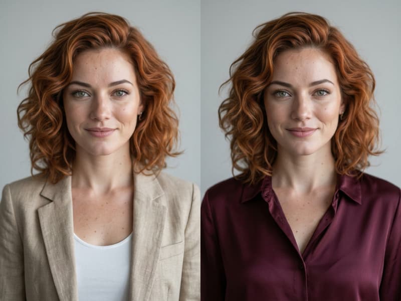 Dieselbe Frau mit roten Haaren zweimal nebeneinander: links im beigen Blazer, rechts im burgunderroten Blazer – erstellt mit demselben Seed in Freepik