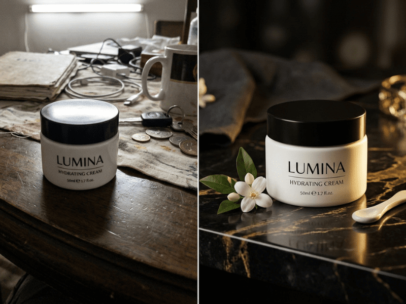 Vorher-Nachher Vergleich: Links ein einfaches Smartphone-Produktfoto, rechts ein professionelles KI-generiertes Produktbild auf Marmor