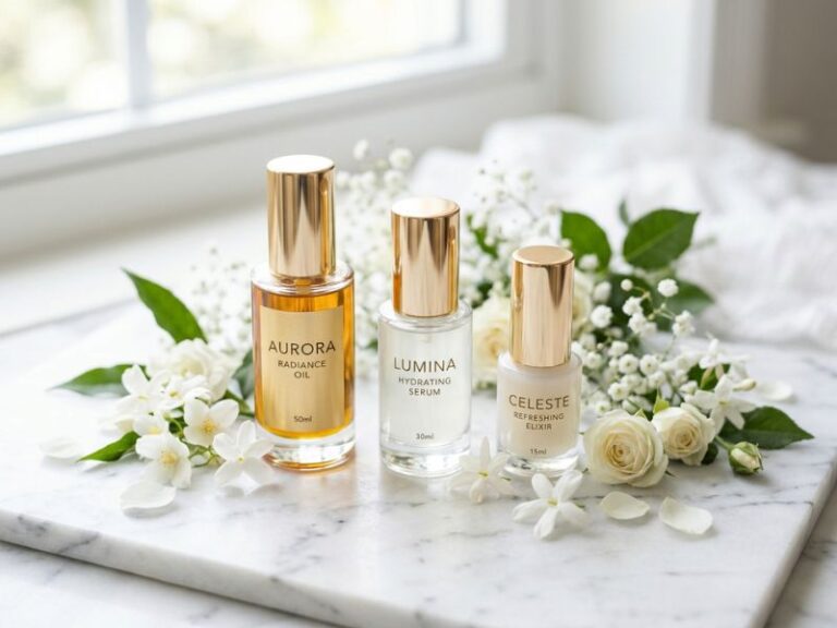 Drei Pflegeprodukte auf weißem Marmor arrangiert, weiches natürliches Licht, editoriale Produktfotografie ohne Fotoshooting