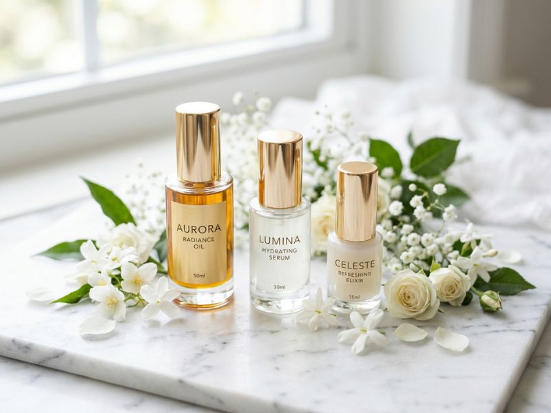 Drei Pflegeprodukte auf weißem Marmor arrangiert, weiches natürliches Licht, editoriale Produktfotografie ohne Fotoshooting