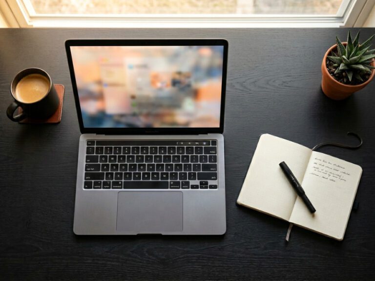 Aufgeklappter Laptop und Notizbuch mit Stift auf dunklem Schreibtisch, warmes Licht, editoriales Flat-Lay für KI-Prompting