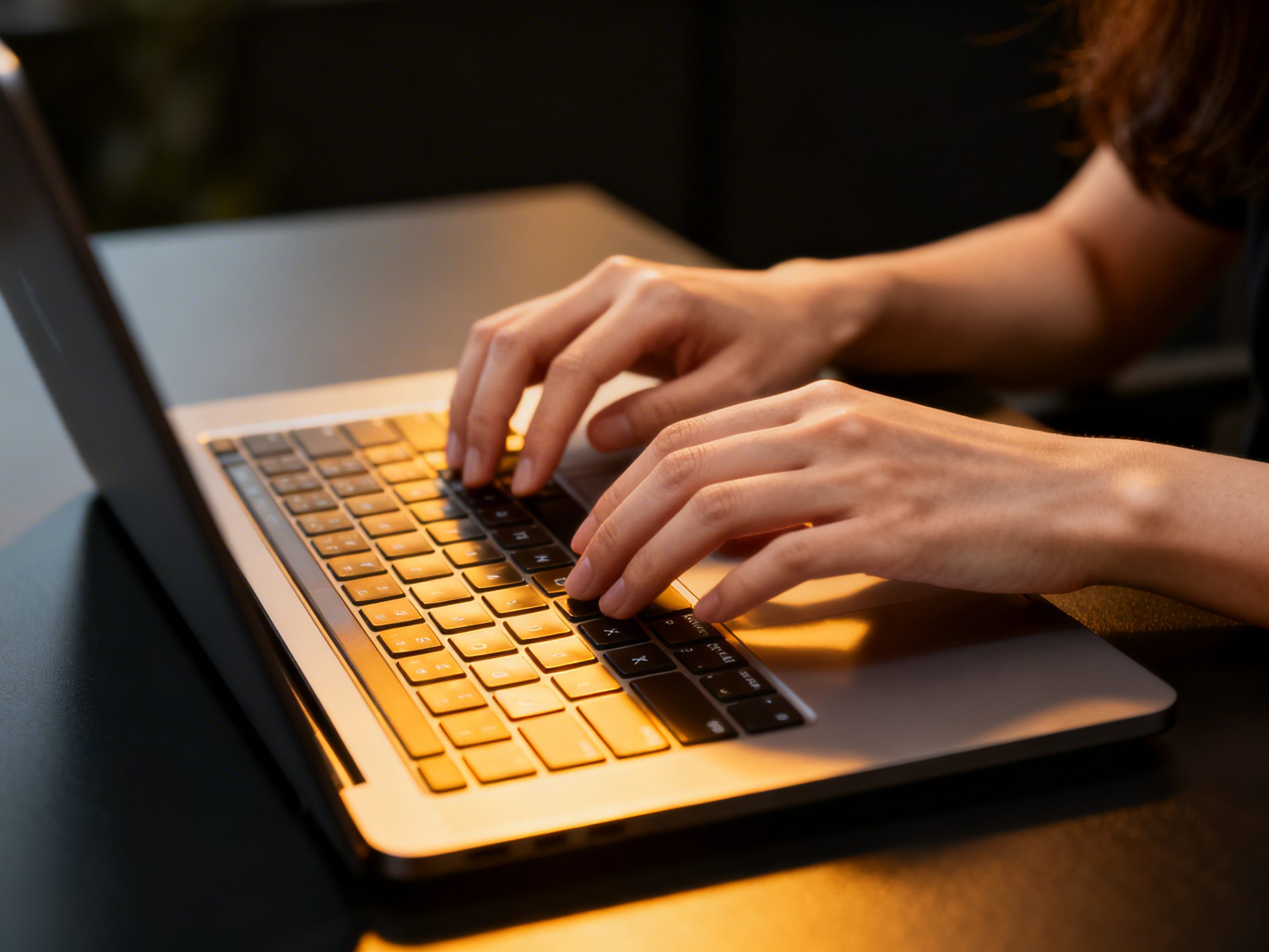 Nahaufnahme von Händen auf einer Laptop-Tastatur auf dunklem Schreibtisch, weiches seitliches Licht, editoriale Produktfotografie