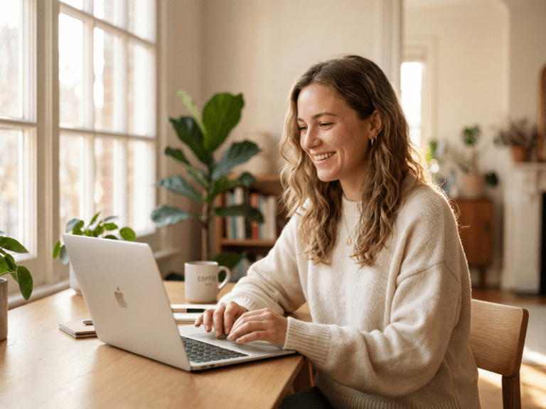 Content Creator mit Laptop, heller Arbeitsplatz