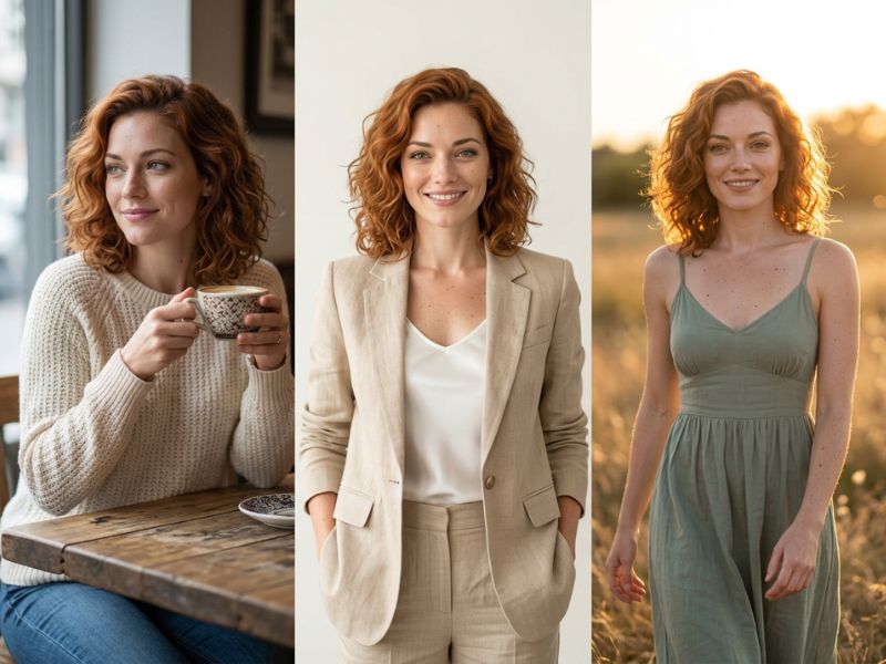 Dieselbe rothaarige Frau in drei verschiedenen Szenen nebeneinander, KI-generiert mit konsistenten Gesichtszügen