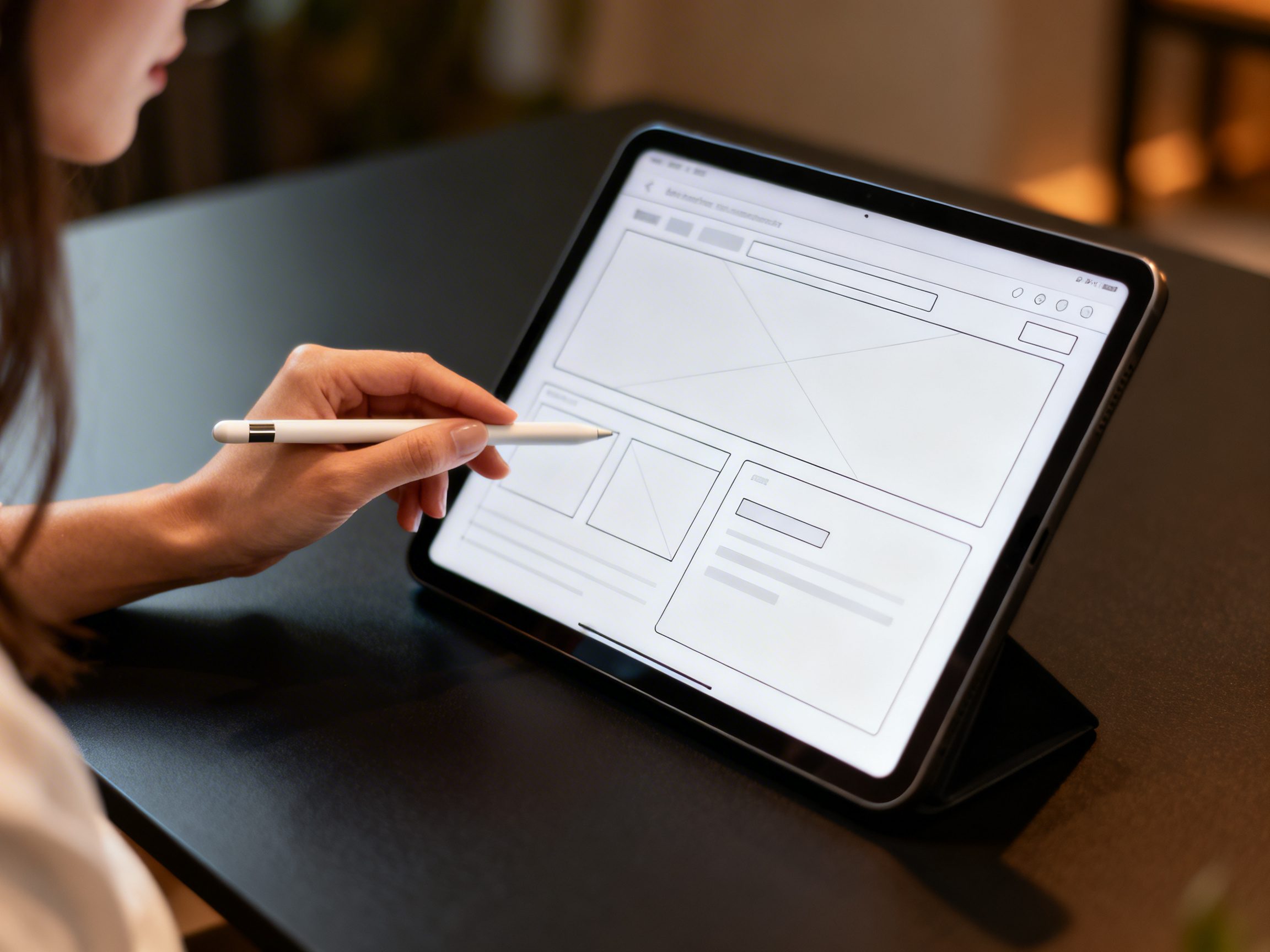 Nahaufnahme einer Hand mit Stylus-Stift auf einem Tablet mit Website-Wireframe-Skizze, warmes Seitenlicht auf dunklem Schreibtisch