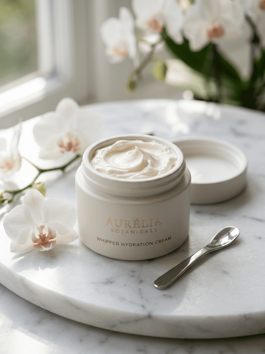 Produktbild Kosmetik, Cremedose mit Spatel auf Stein mit weißen Orchideen