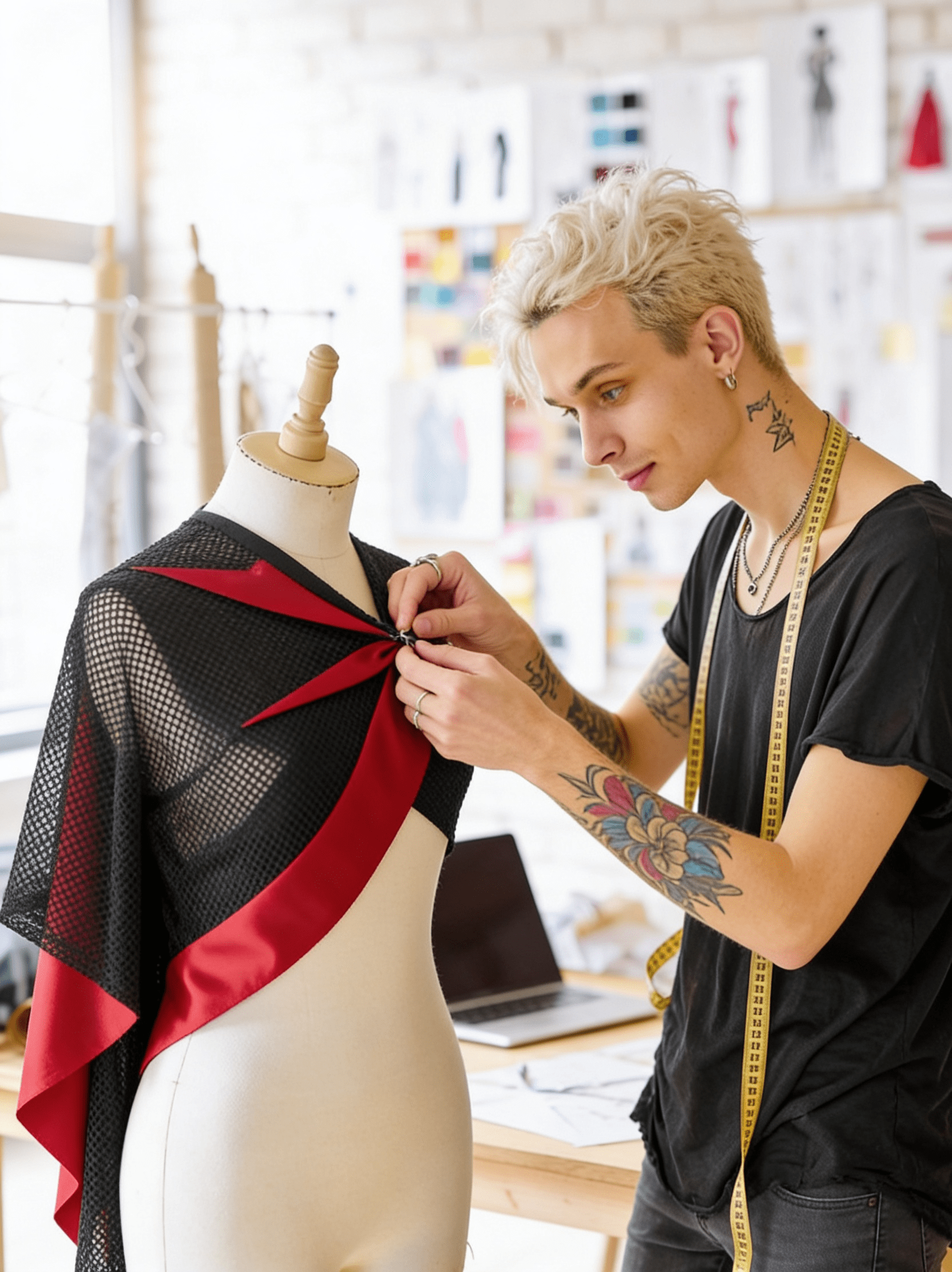 Produktbild Mode, junger Designer arbeitet an schwarz-rotem Statement-Top auf Schaufensterpuppe