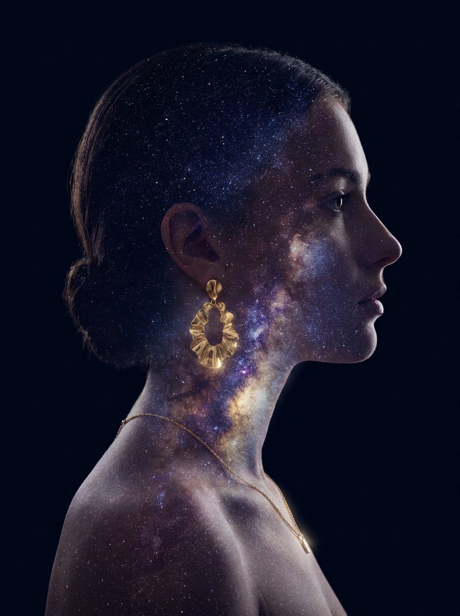 Surreales Produktbild Schmuck, Doppelbelichtung mit Sternenhimmel in der Silhouette einer Schmuck-Trägerin
