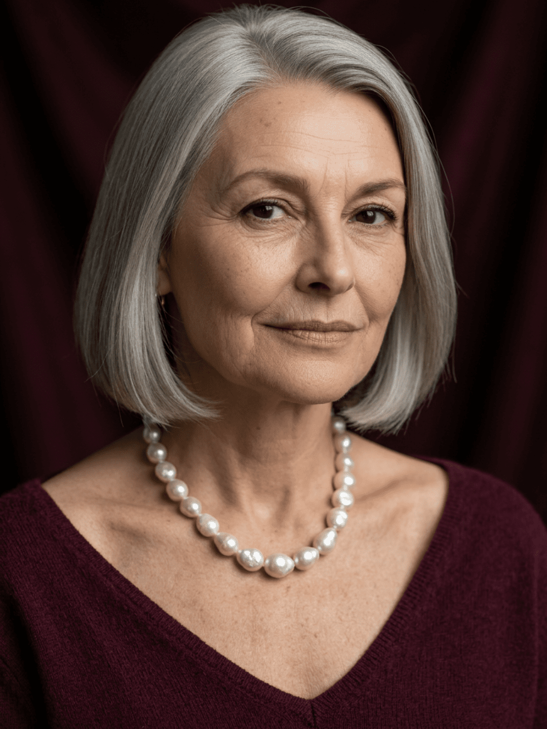 Produktbild Schmuck, elegante ältere Frau mit Perlenkette im dunkelroten Cashmere-Top