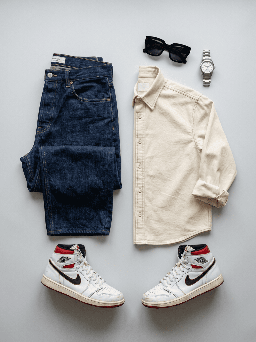 Produktbild Mode Flatlay, indigo Jeans, cremes Hemd, Vintage High-Tops, Sonnenbrille und Uhr