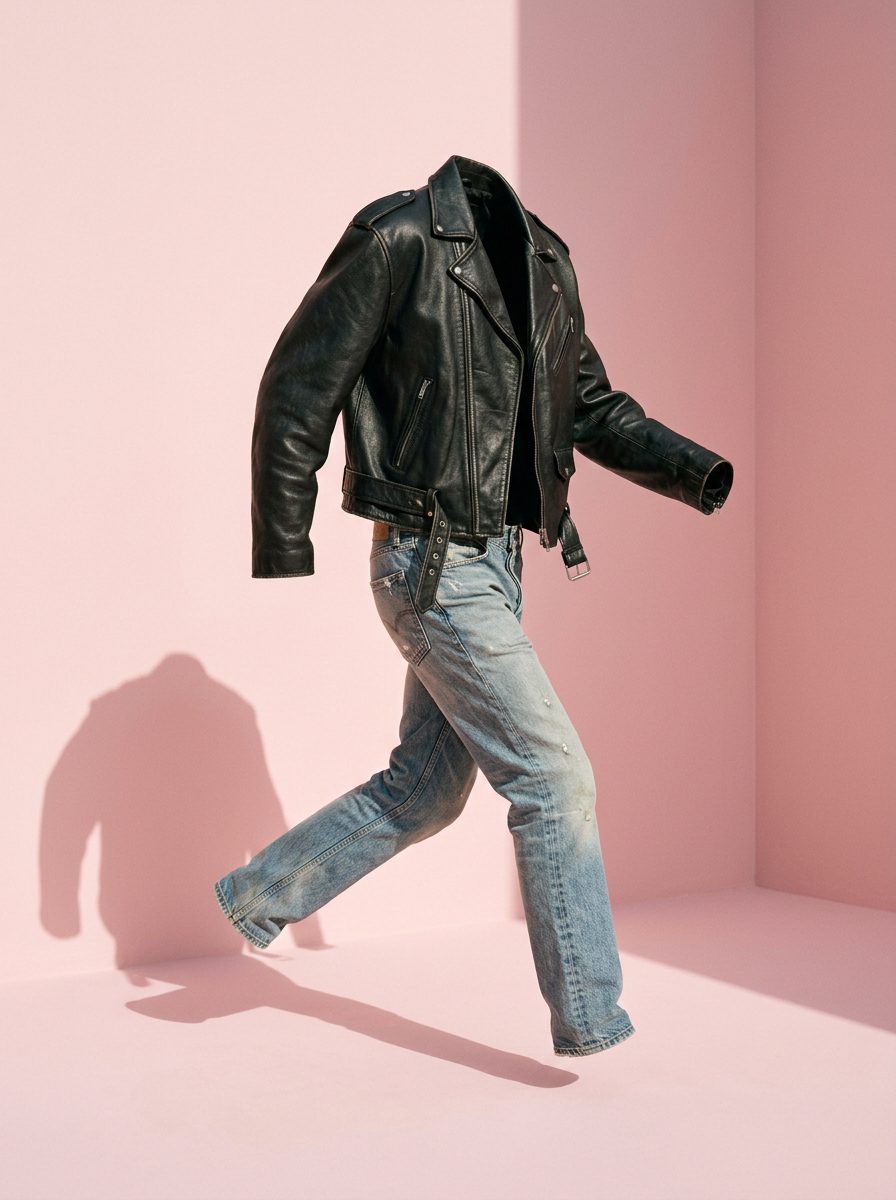 Surreales Produktbild Mode, Lederjacke und Jeans schweben in rosa Studio wie von unsichtbarem Wesen getragen