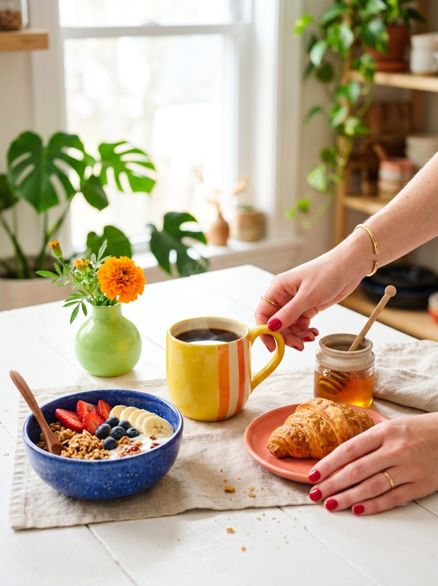 Produktbild Keramik Lifestyle, bunte Brunchszene mit handgemachter Keramik auf hellem Tisch