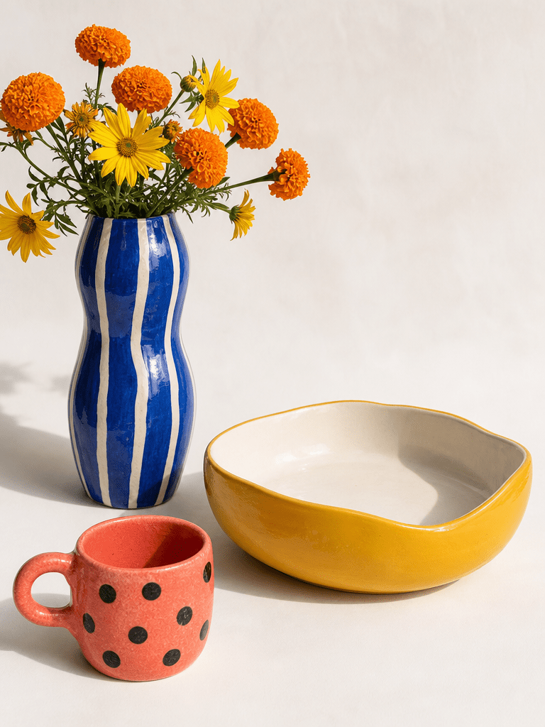 Produktbild Keramik Stillleben, bunte Vasen und Geschirr in fröhlichen Farben mit Marigolds
