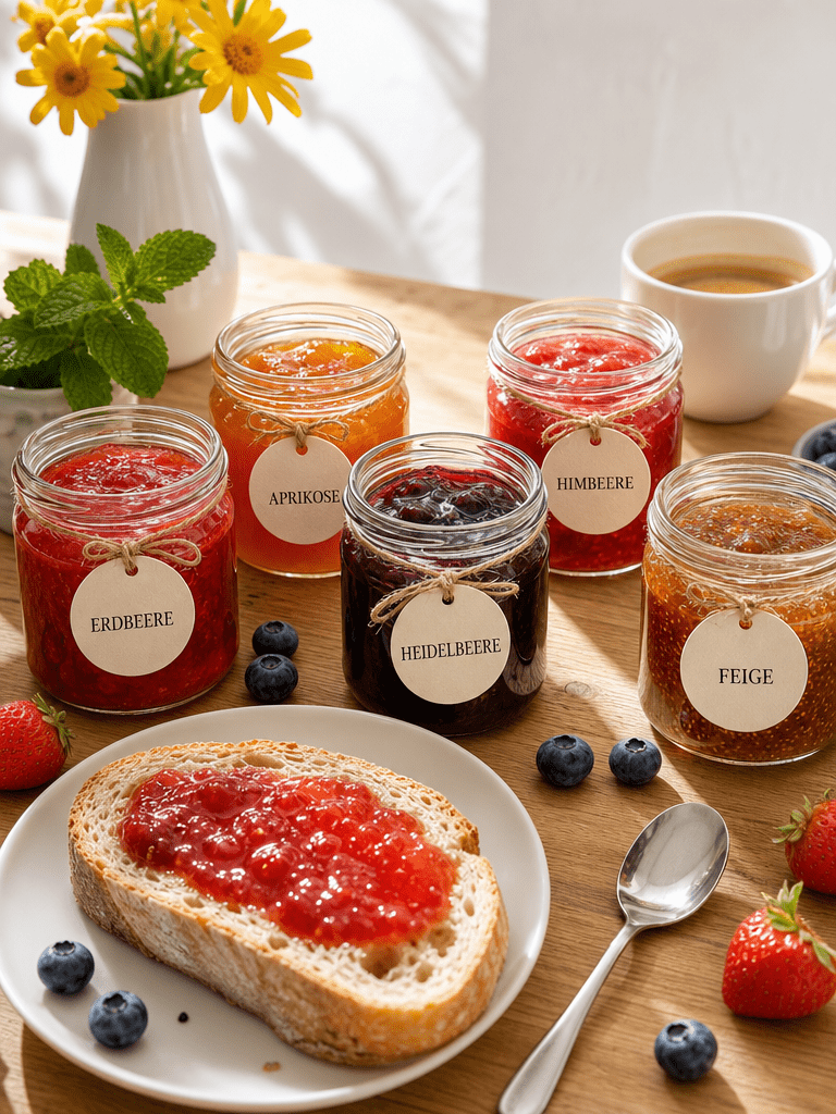 Produktbild Marmelade, bunte handgemachte Marmeladengläser im hellen Frühstücks-Setting