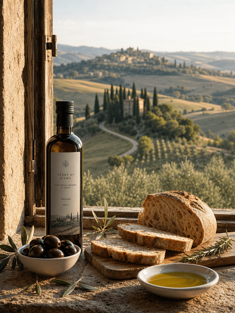 Produktbild Olivenöl, dunkle Flasche am Fenster mit Blick auf Toskana, Brot und Oliven